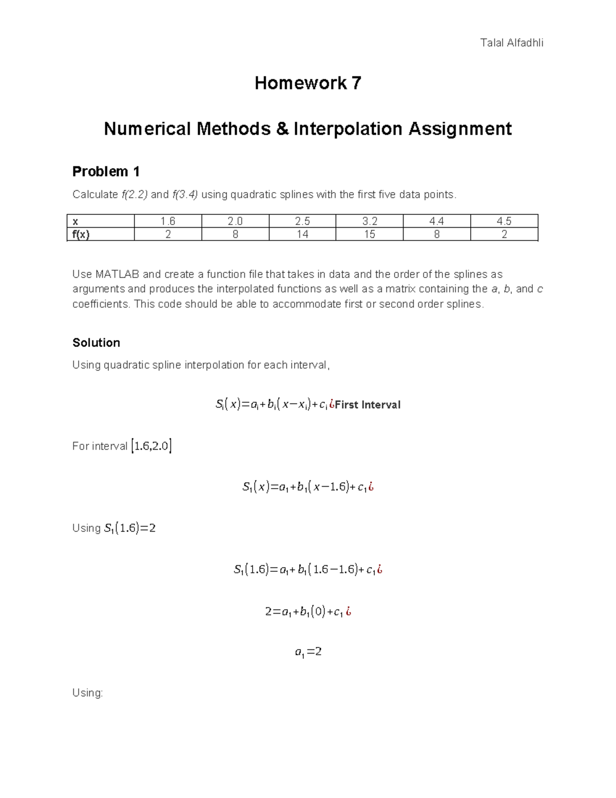 Homework 7 - Numerical Methods Interpolation (Talal Alfadhli) - Studocu