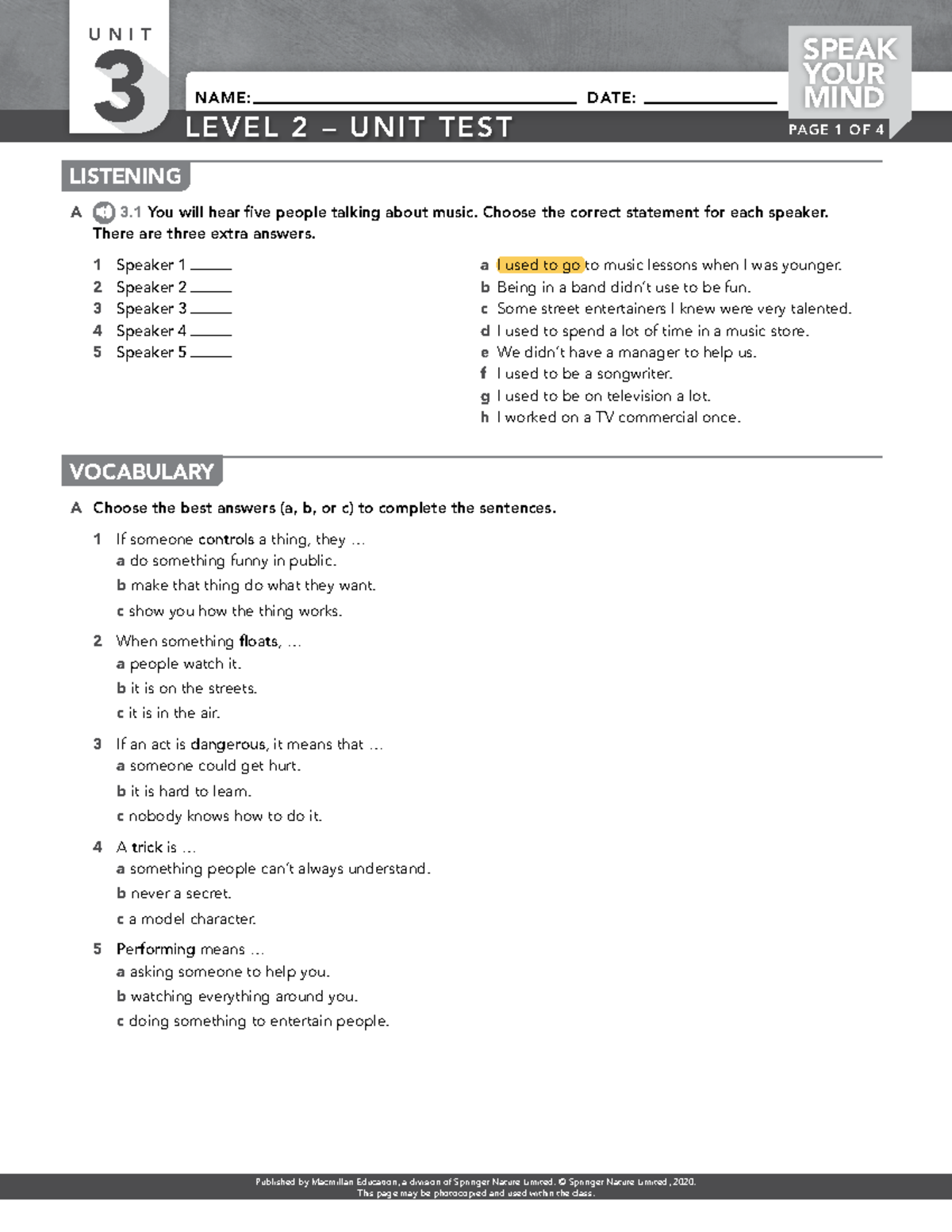 SYM 2 U03 Test - Practica ingles - L E V E L 2 – U N I T T E S T SPEAK ...