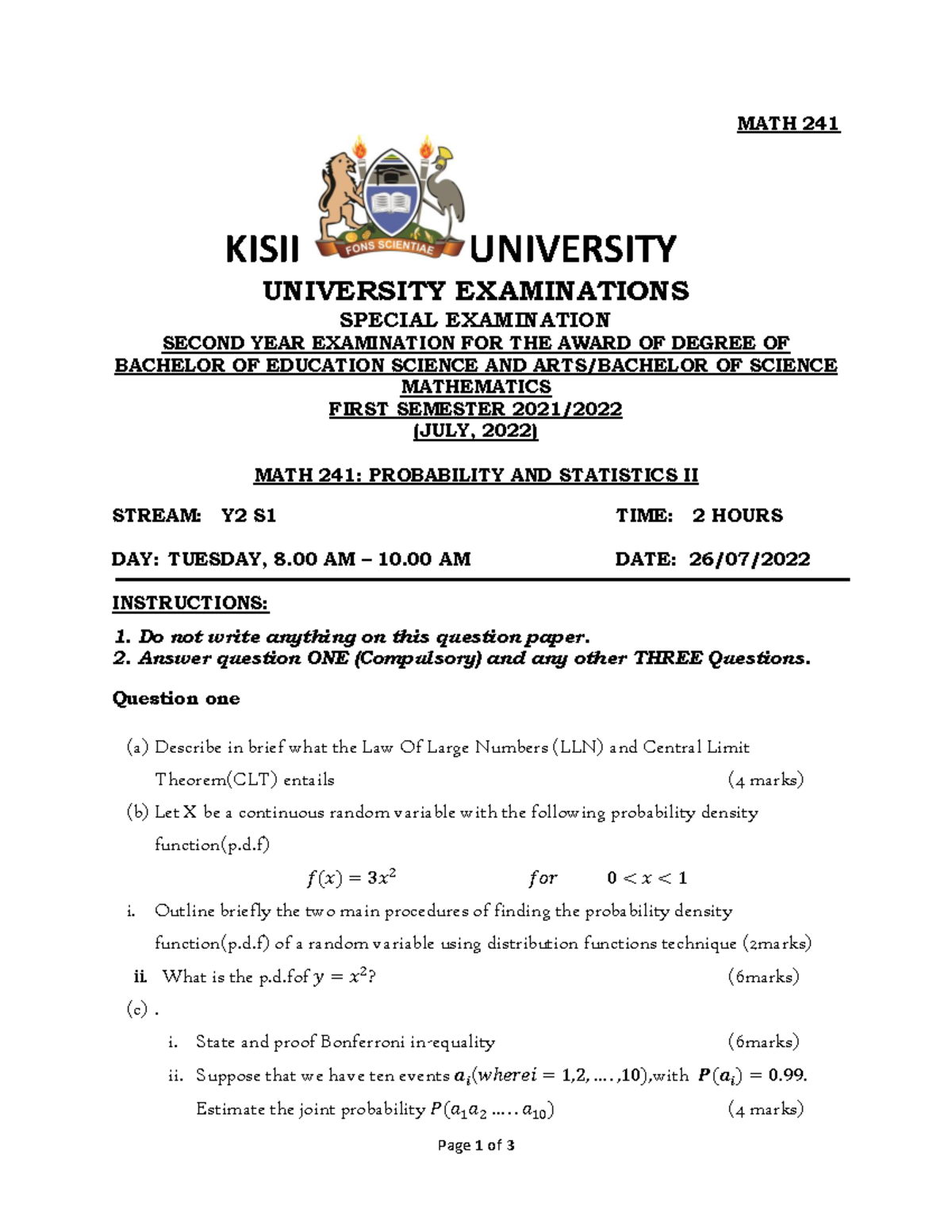 MATH 241: Probability and Statistics II - Exam Notes and Outline - Studocu