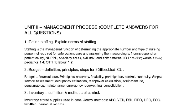 Complete Answers for Units II, III, IV, and VI Management Process and ...