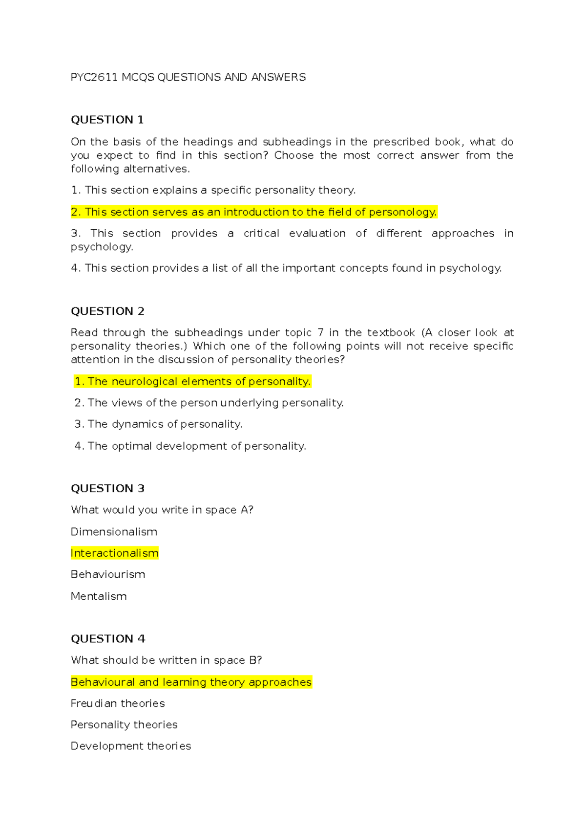 PYC2611 MCQs: Comprehensive Questions and Answers Overview - Studocu