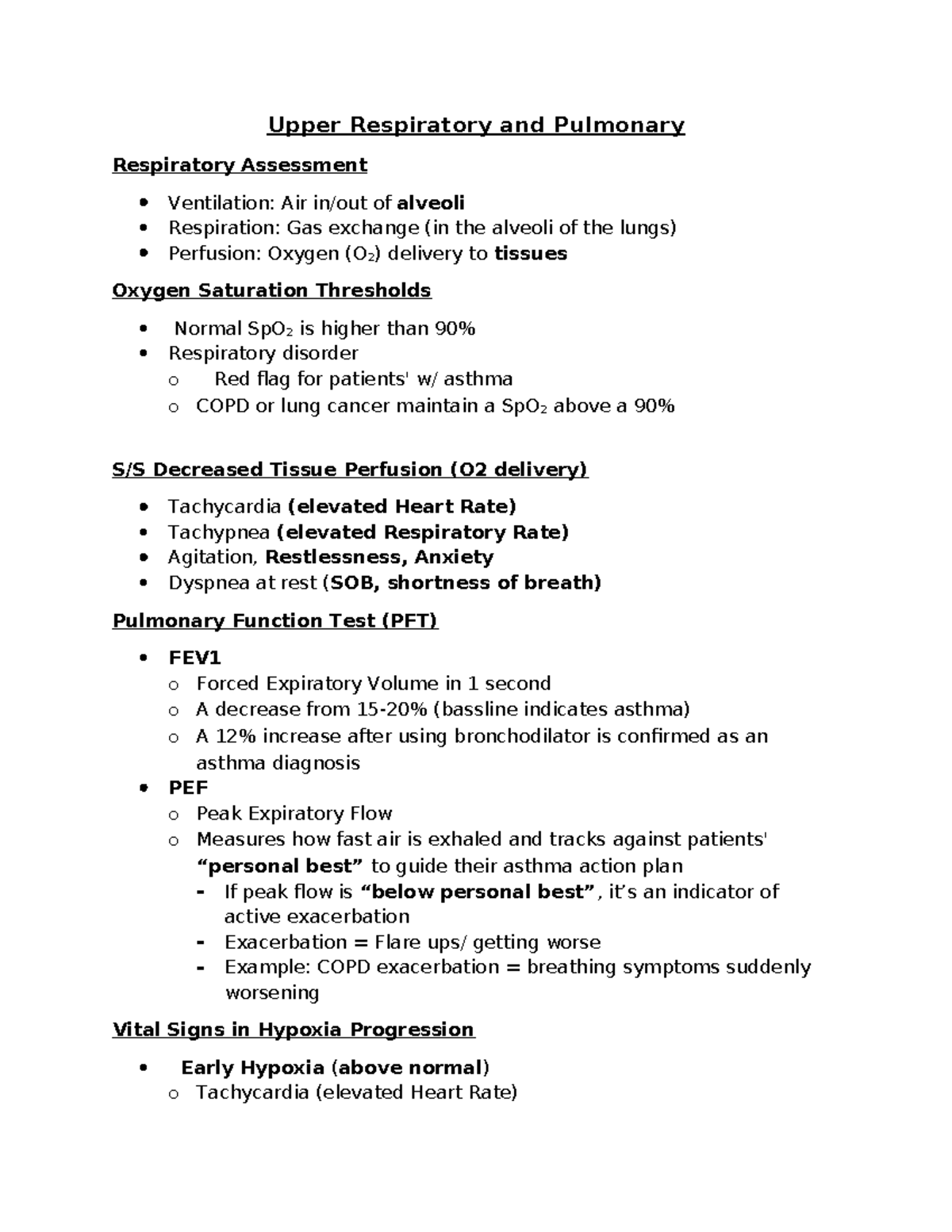 Upper Respiratory & Pulmonary Assessment Notes (NUR 101) - Studocu