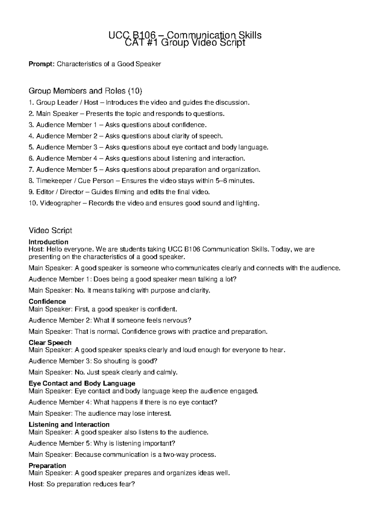 UCC B106 Communication Skills: Group Video Script on Good Speakers ...