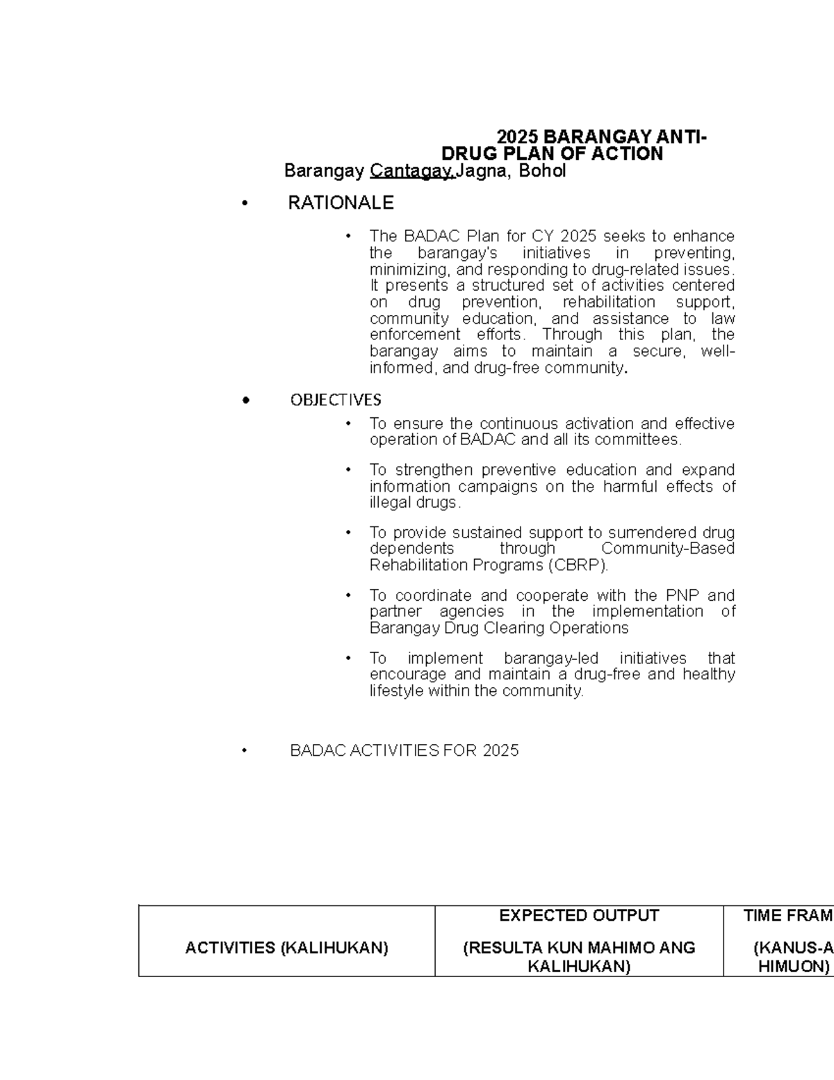 2025 BADAC Antidrug Plan of Action for Barangay Cantagay, Bohol - Studocu