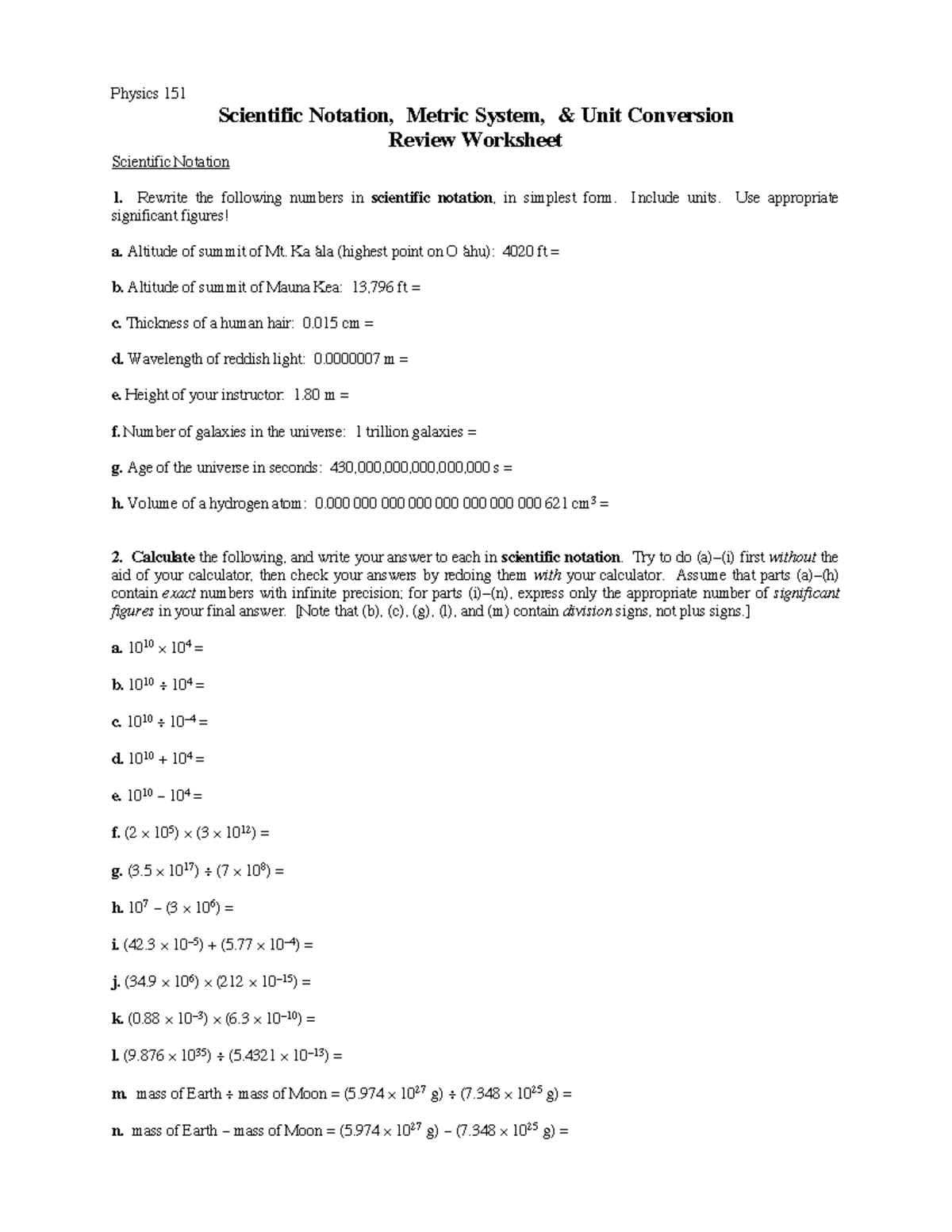 Physics 151 Final Exam Review: Scientific Notation & Unit Conversions ...