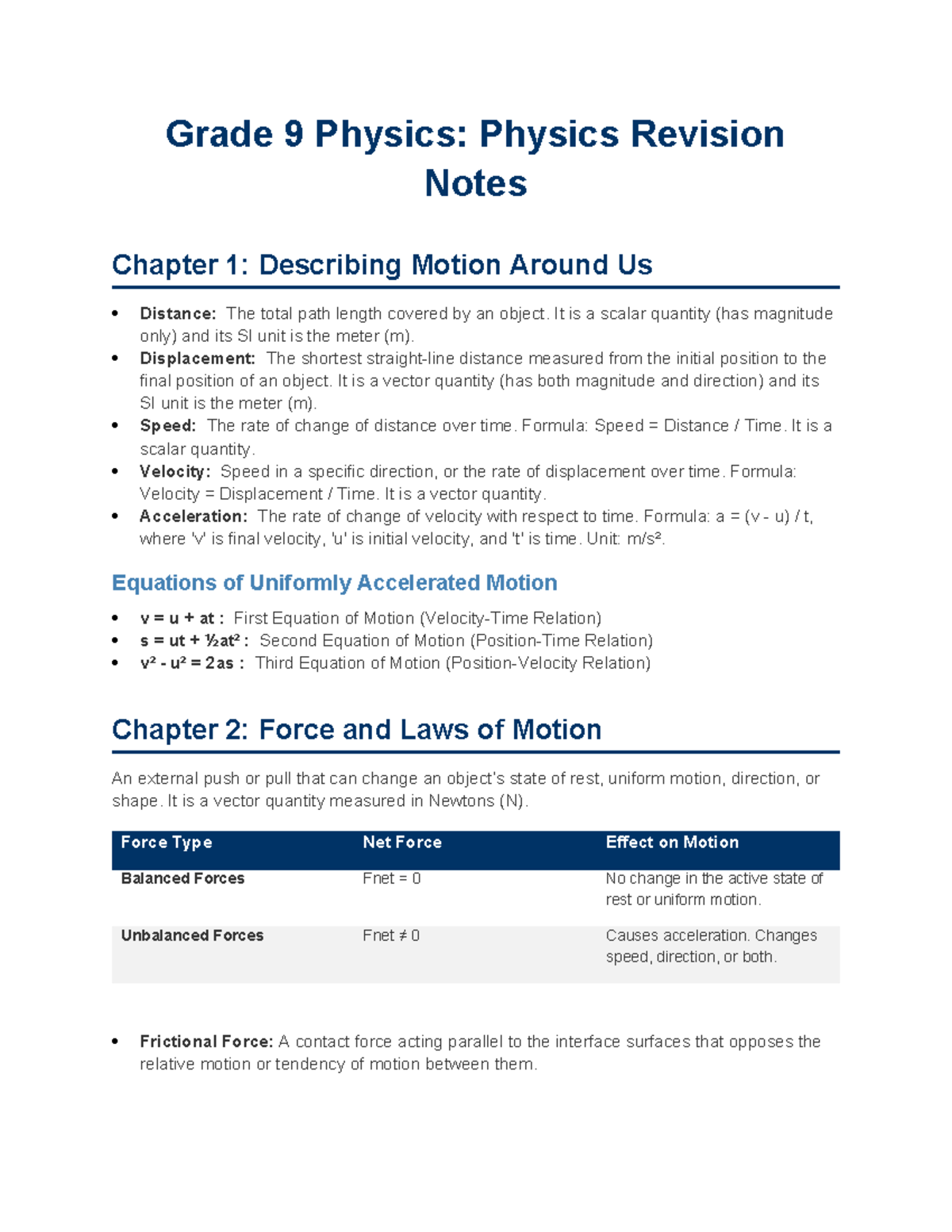 Grade 9 Physics: Revision Notes on Motion & Forces - Studocu