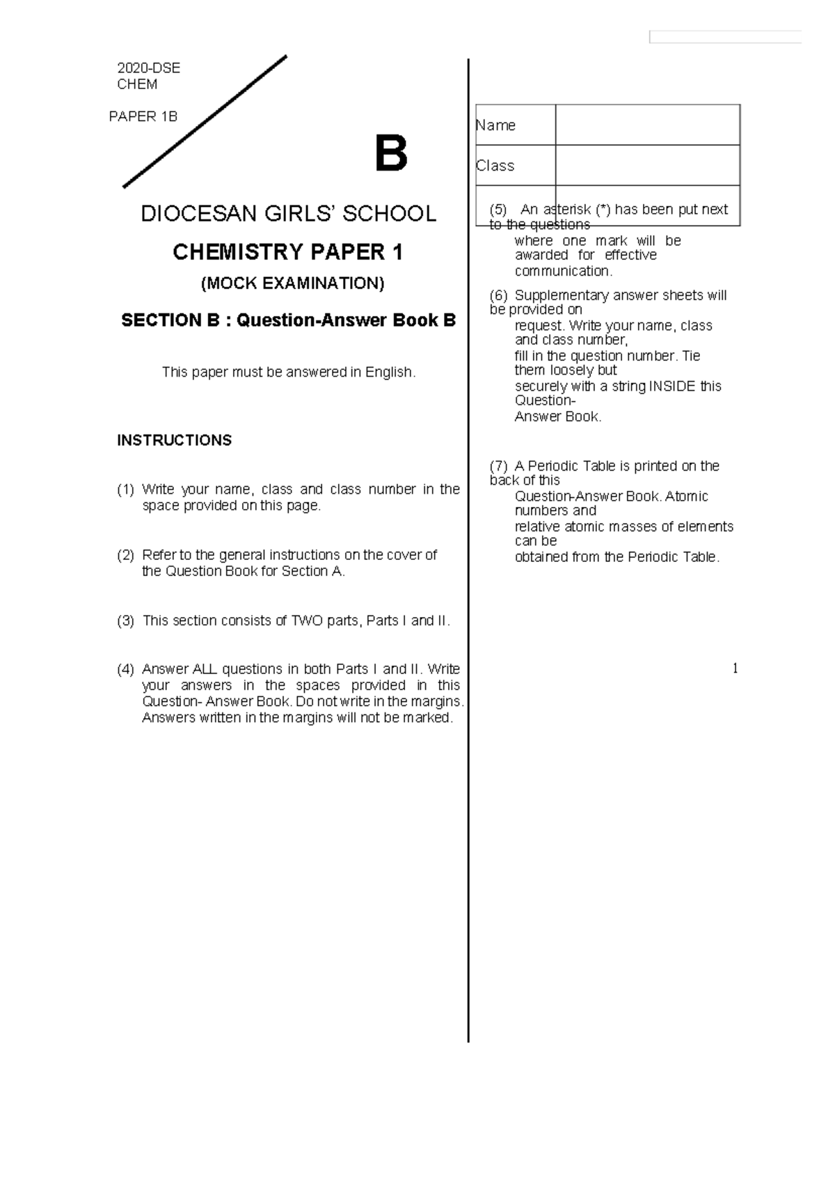 DGS S6 1920 Chemistry Paper 1B Mock Exam Section B - Studocu