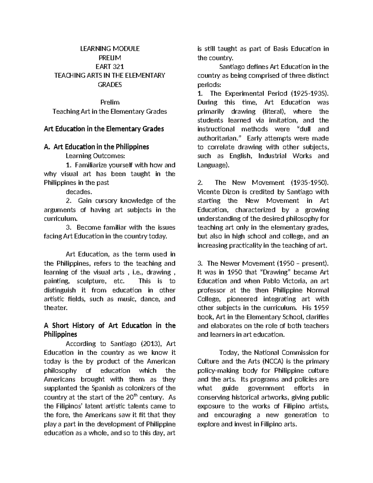 2025 Prelim Module EART 321: Teaching Art in Elementary Education - Studocu