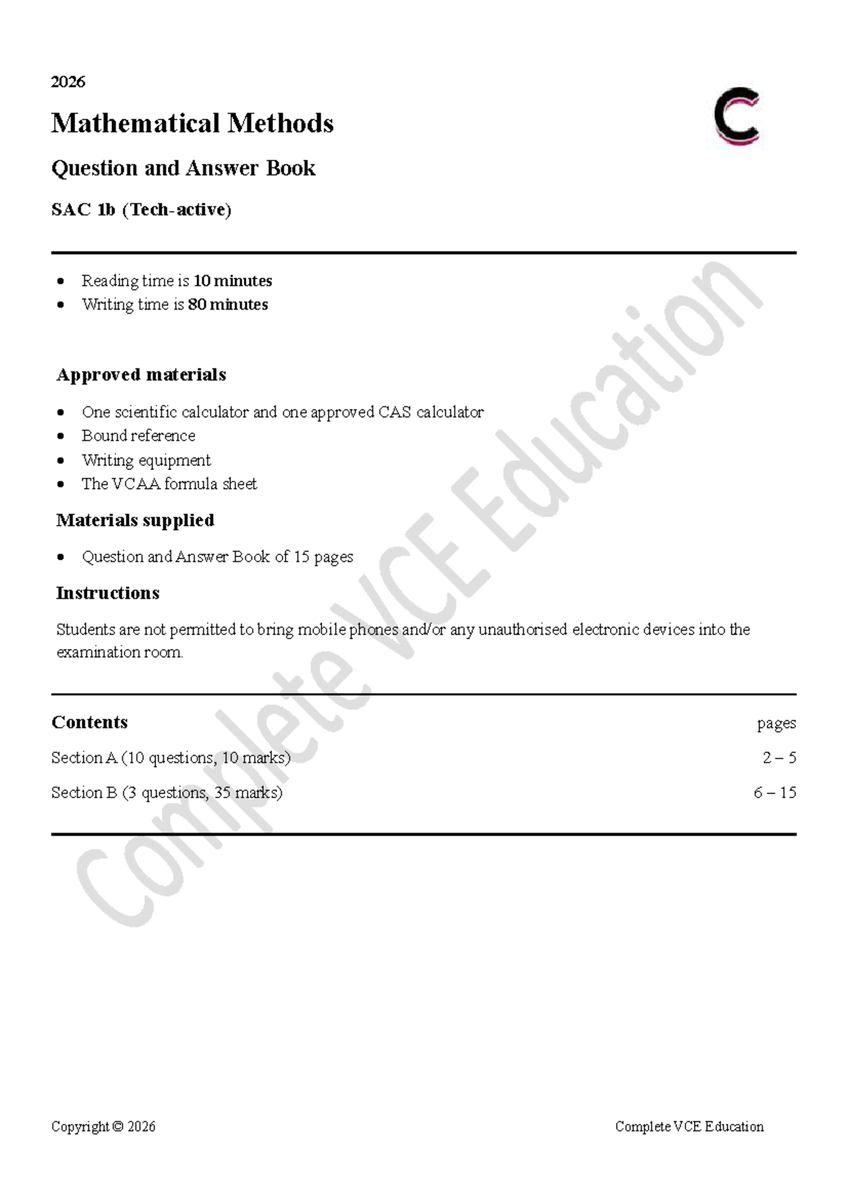 U3 MM SAC 1b - Mathematical Methods Q&A Practice Material - Studocu
