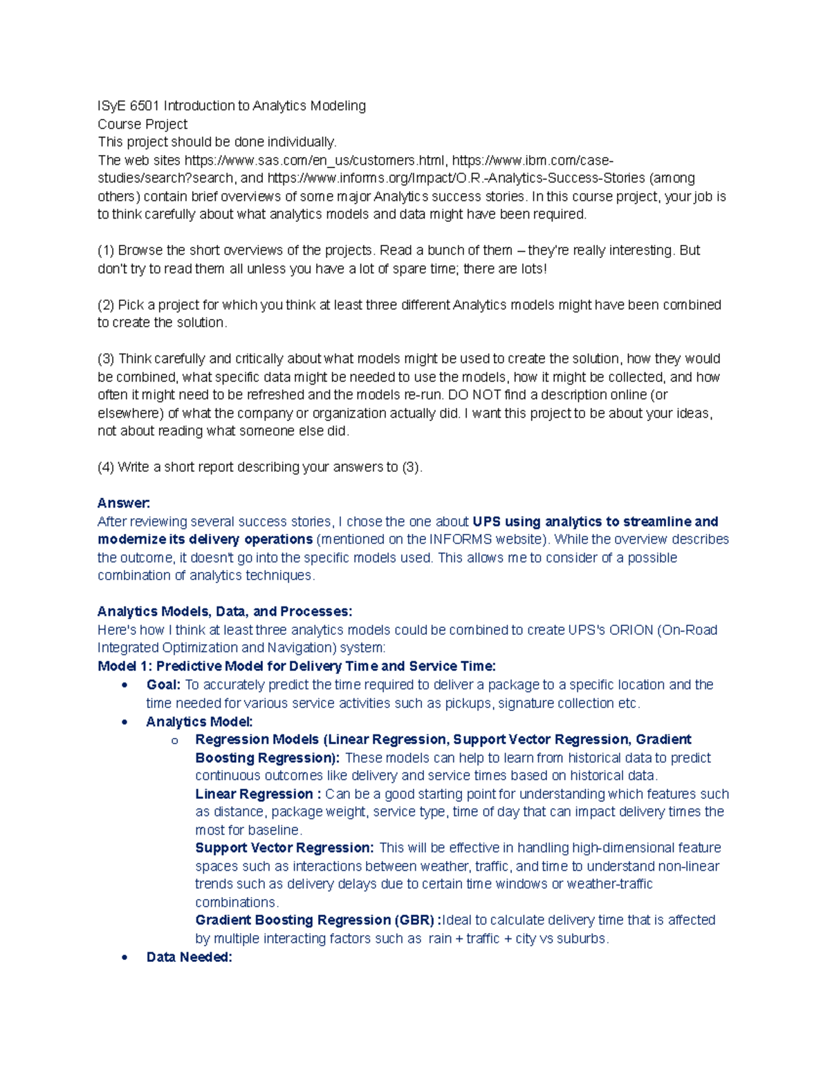 ISyE 6501 Course Project: Analytics Models for UPS Delivery ...