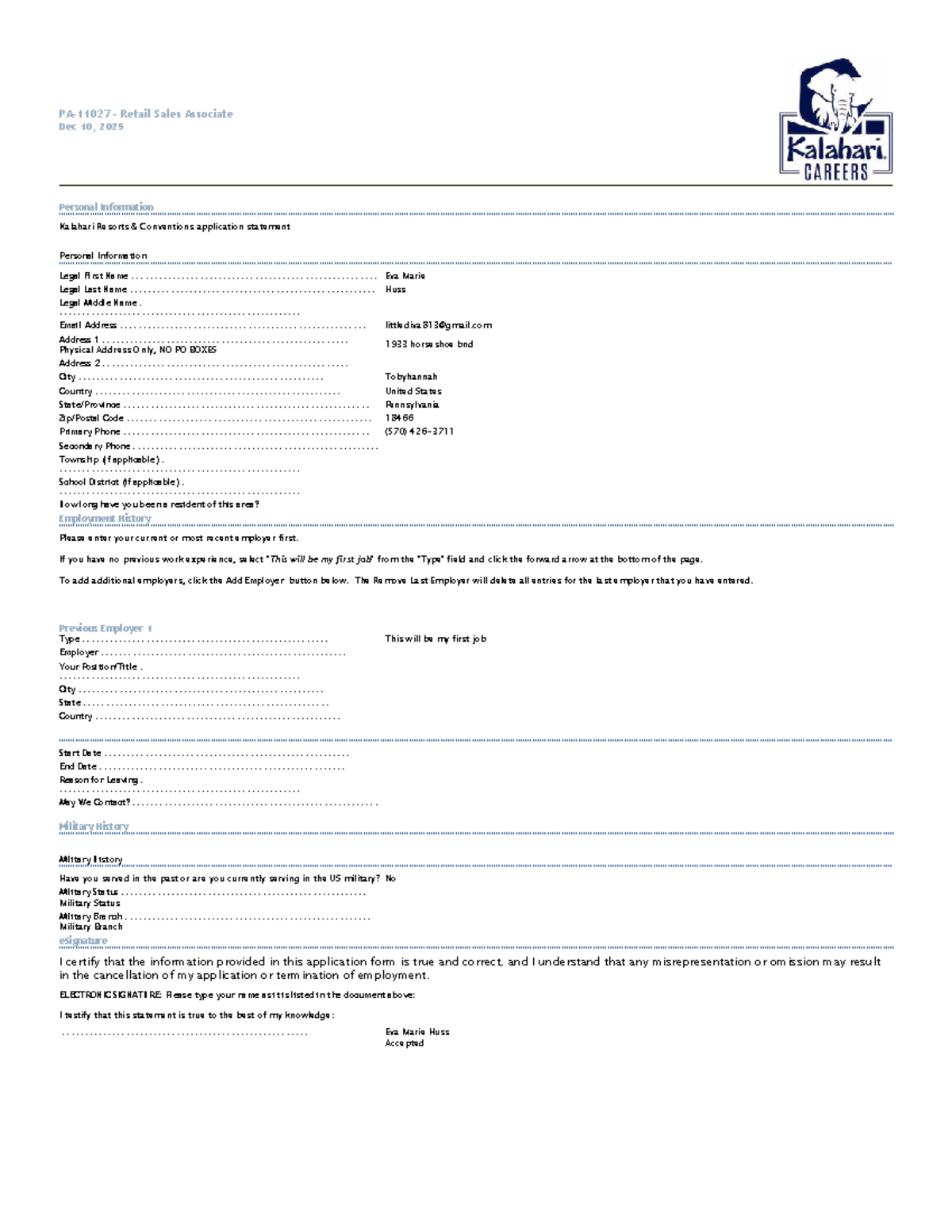 Retail Sales Associate Application - Kalahari Resorts (Dec 2025) - Studocu