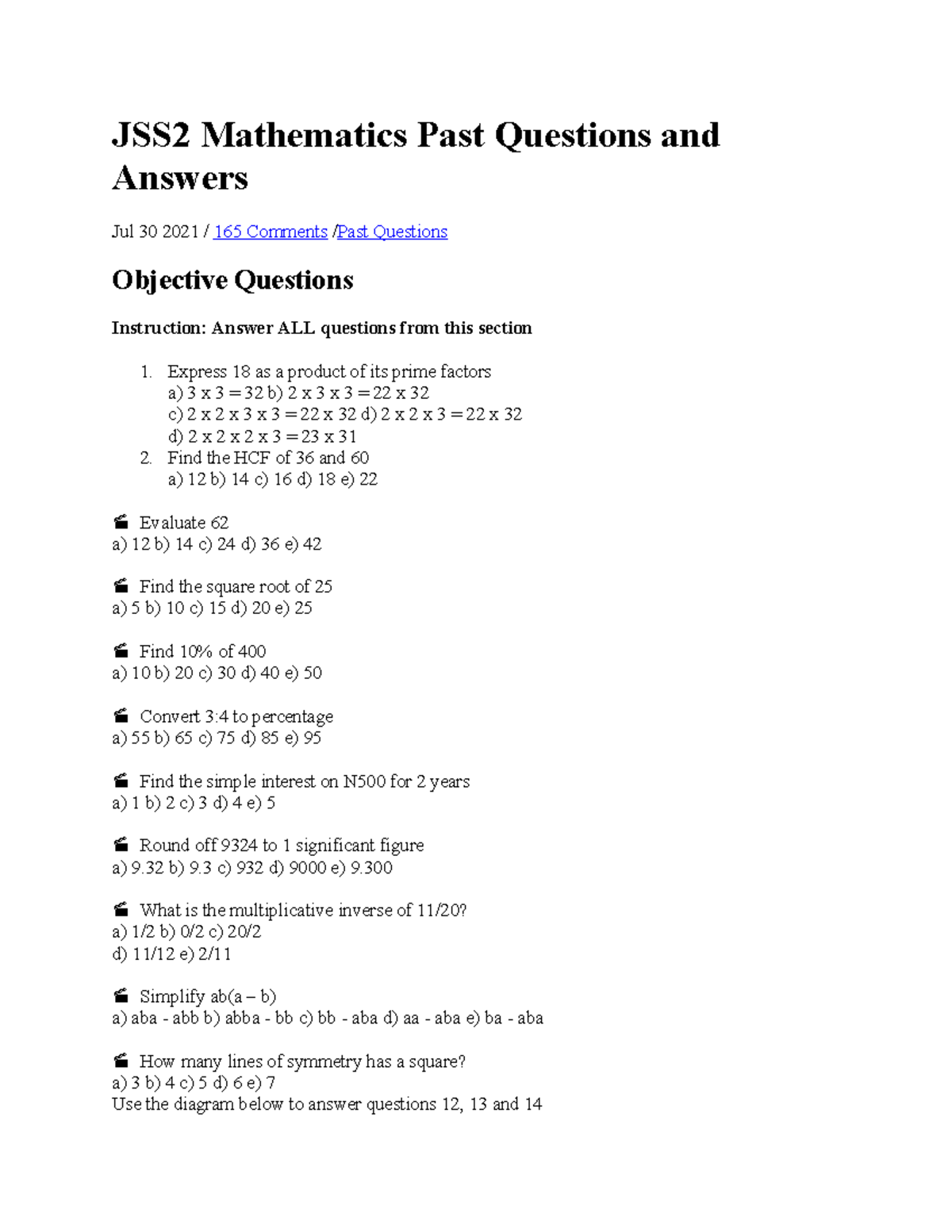 JSS2 Mathematics Past Questions & Answers: Objective Section - Studocu