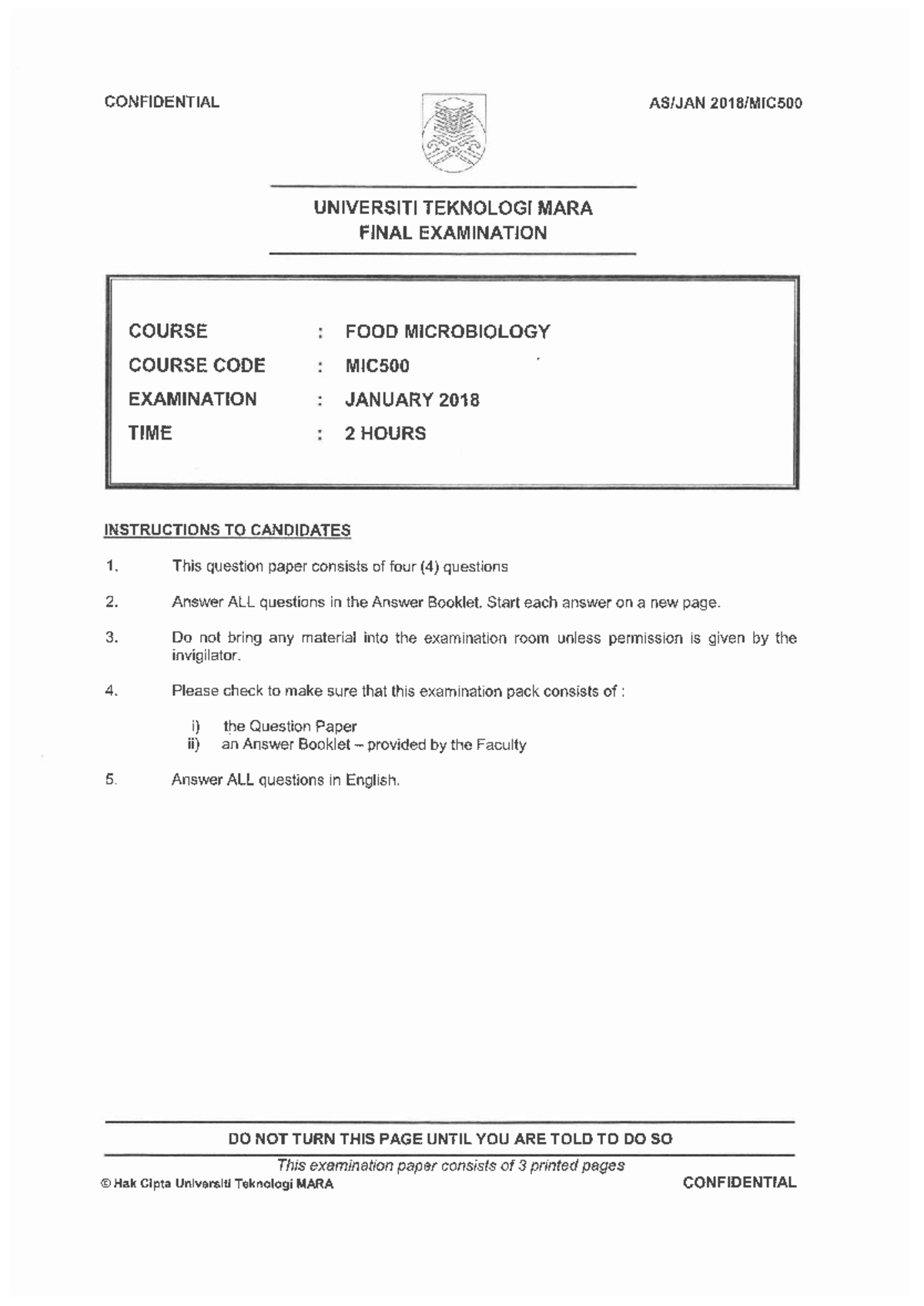 MIC500 Final Exam: Food Microbiology January 2018 Question Paper - Studocu