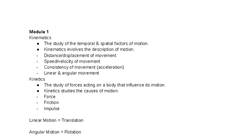 Kinematics and Kinetics: Module 1 Study Notes for Finals - Studocu