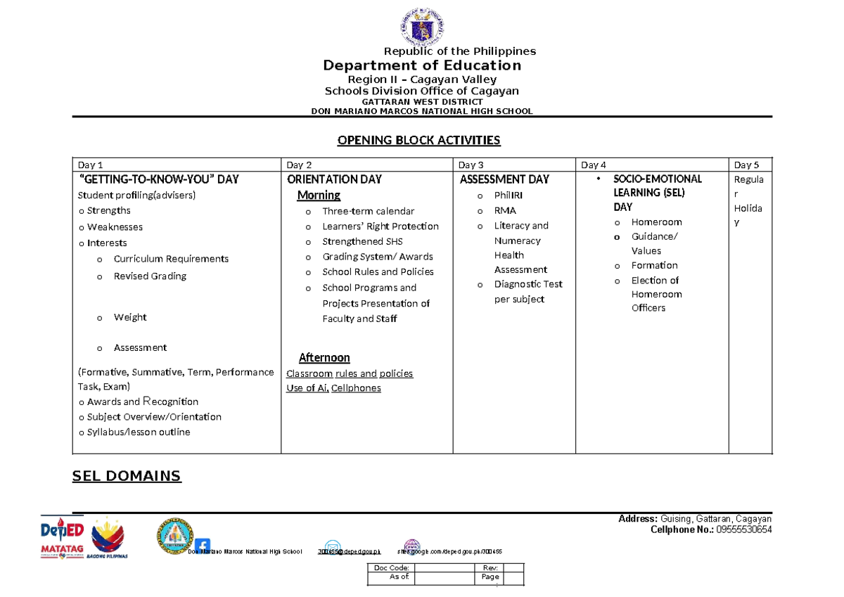 Opening Block Activities for SHS - Don Mariano Marcos National High ...