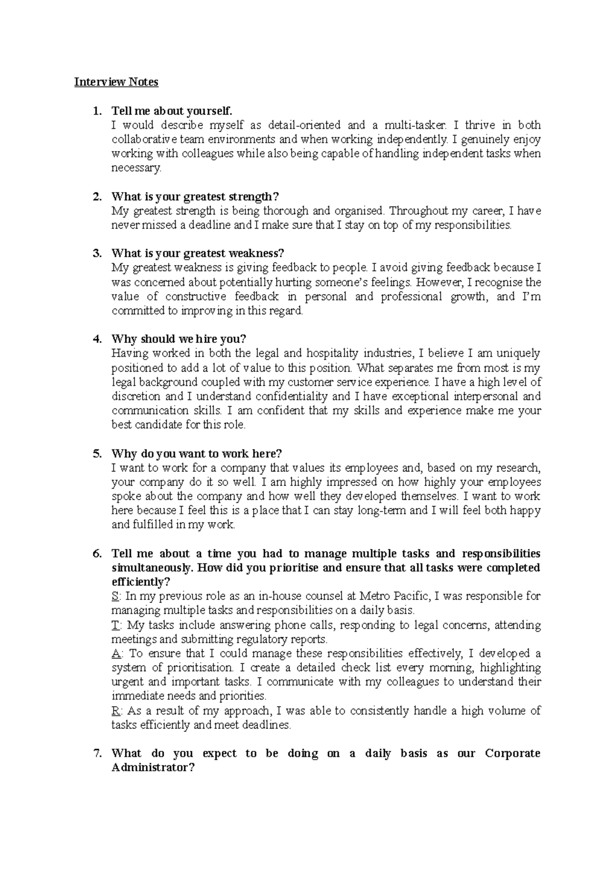 Interview Notes: Key Questions & Responses for Job Candidates - Studocu