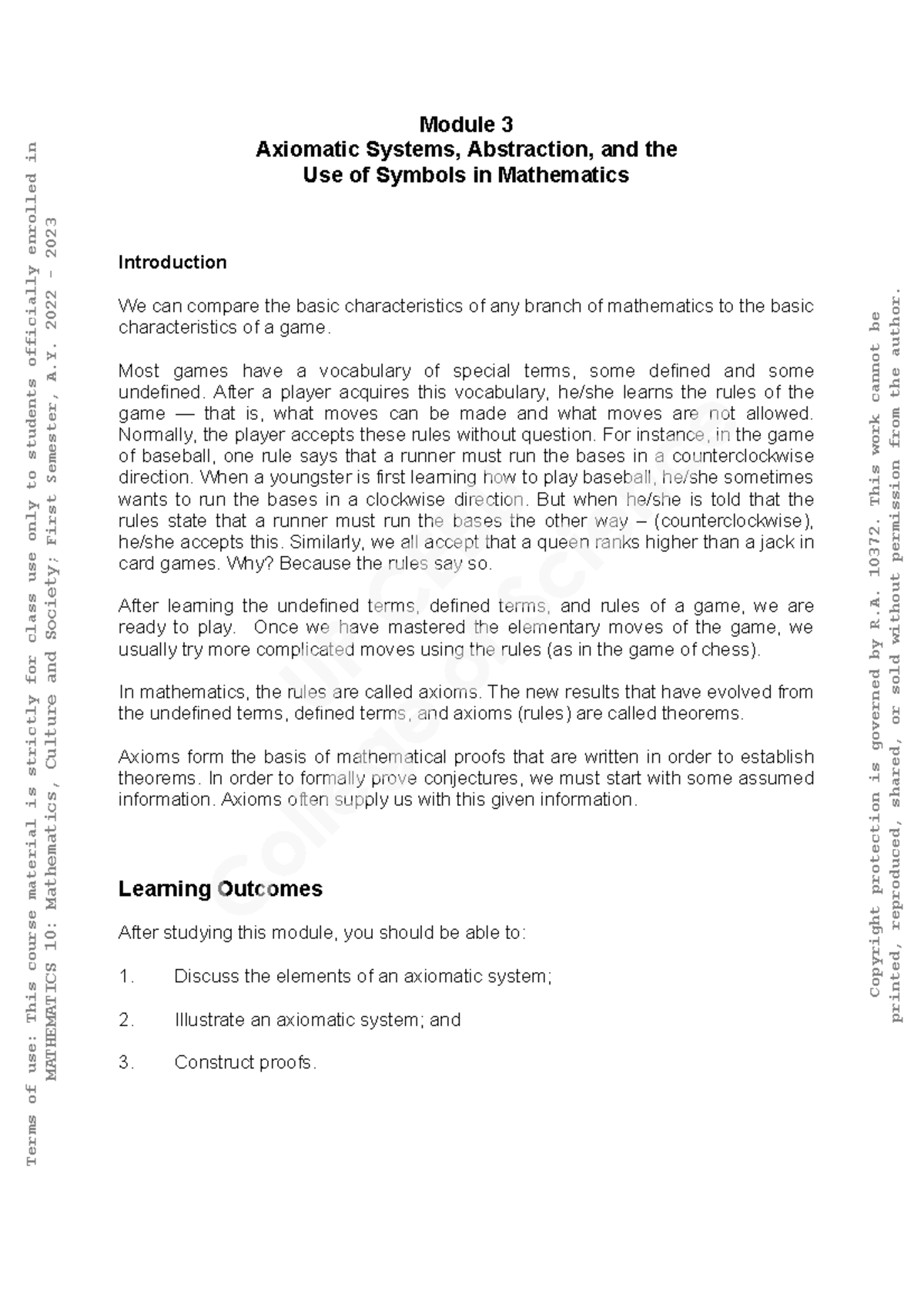 MATH 10 Module 3: Understanding Axiomatic Systems and Proofs - Studocu