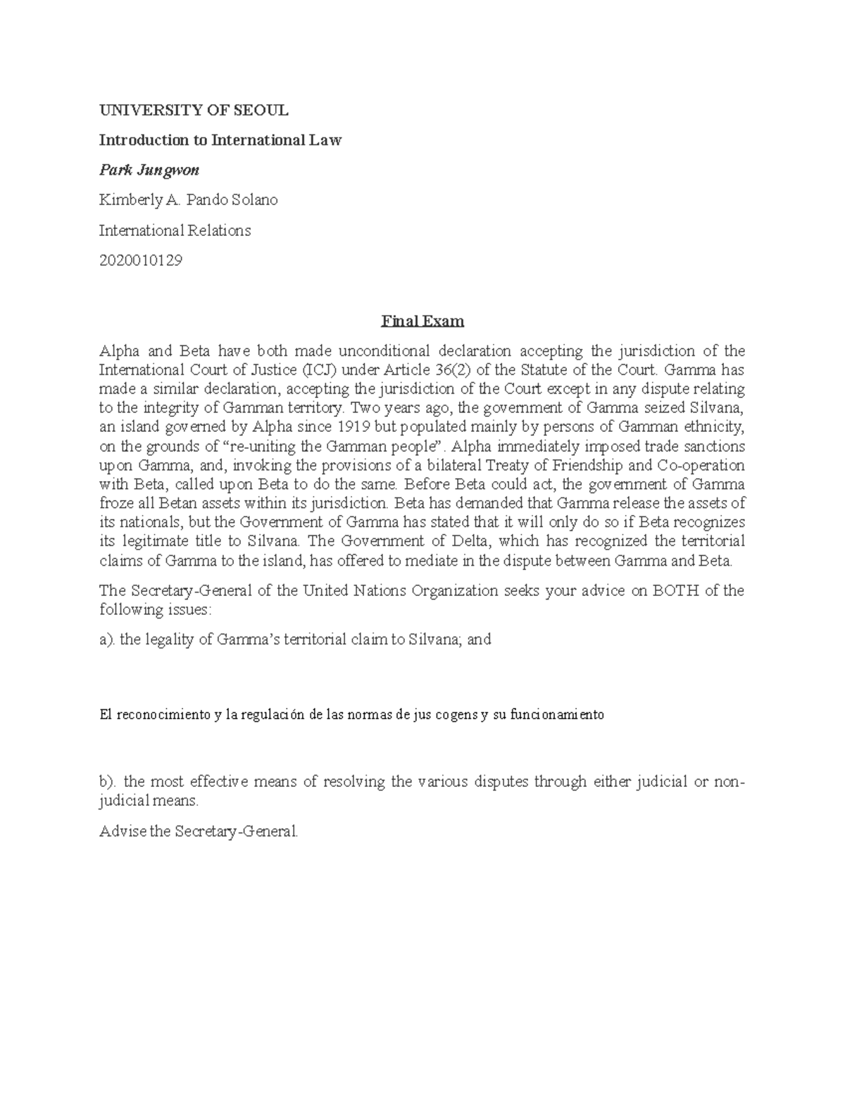Final Exam UOS: Introduction to International Law Analysis - Studocu