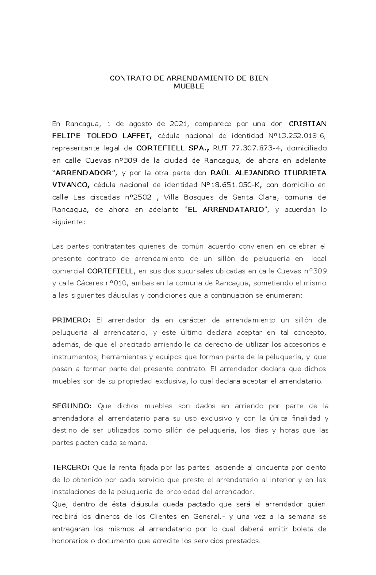 Contrato de Arrendamiento Sillón Peluquería - RAÚL - Document Preview