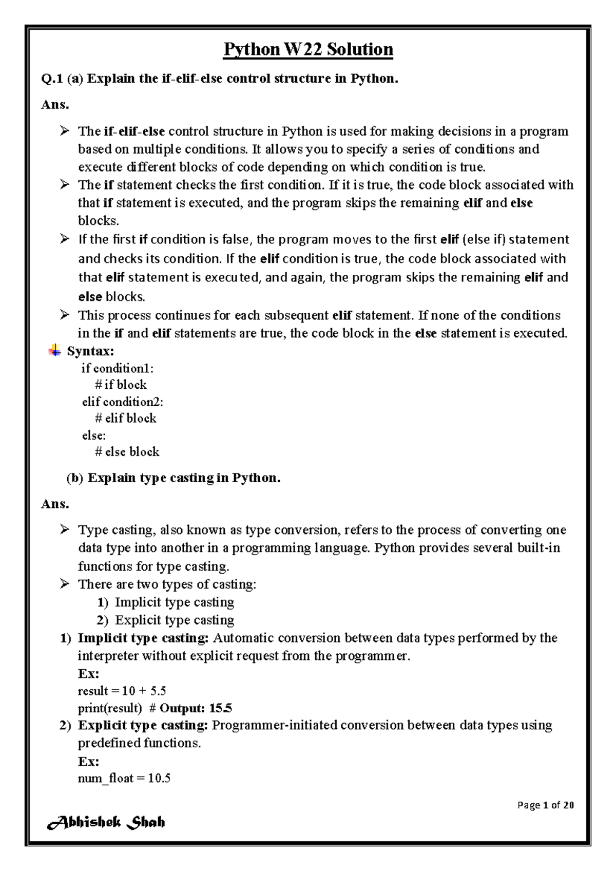 Python W22 Solution - Page 1 of 20 Python W 22 Solution Q (a) Explain ...