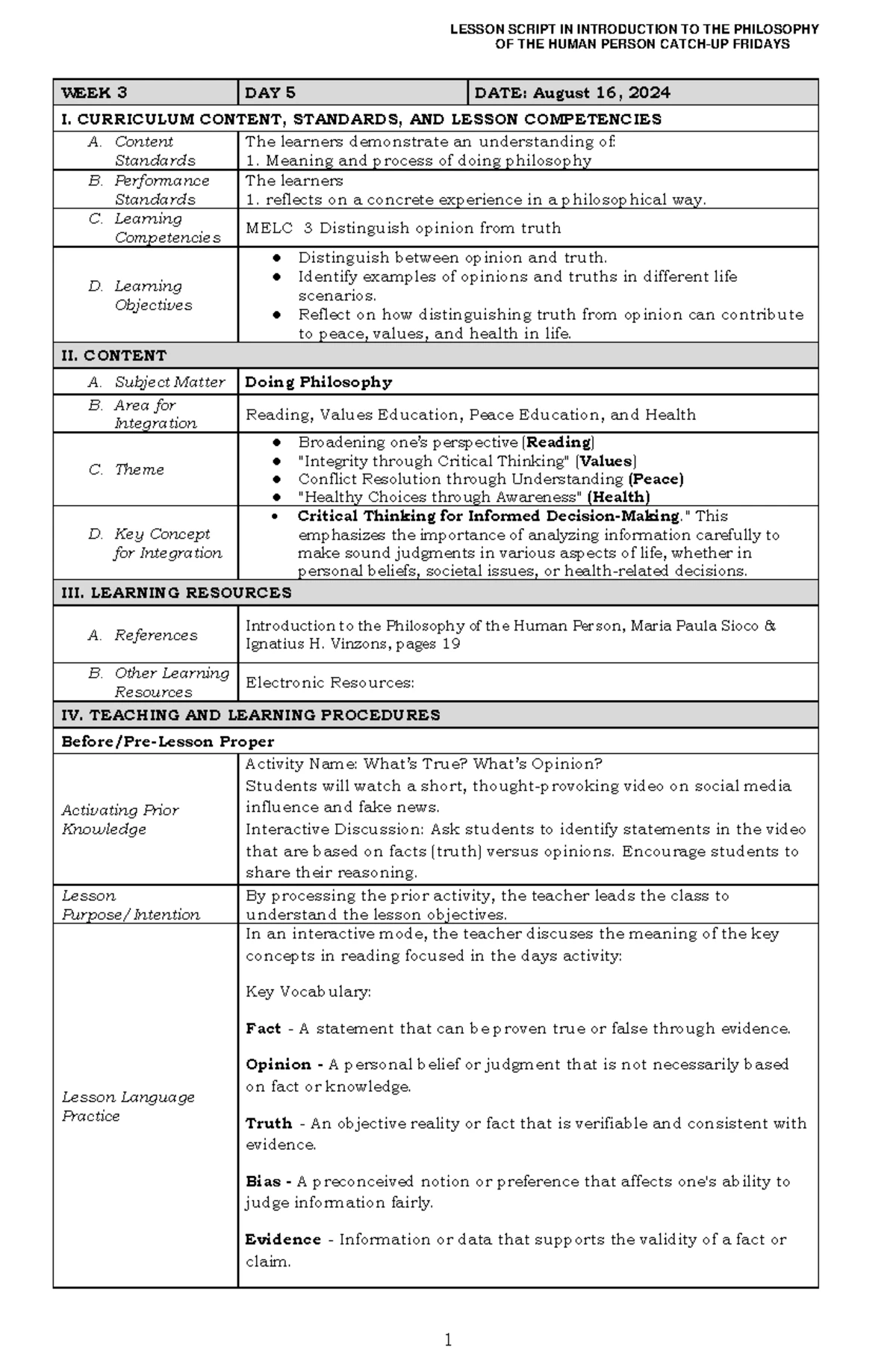 LS- Philo-WEEK 2 - A lesson script serves as a detailed guide for ...