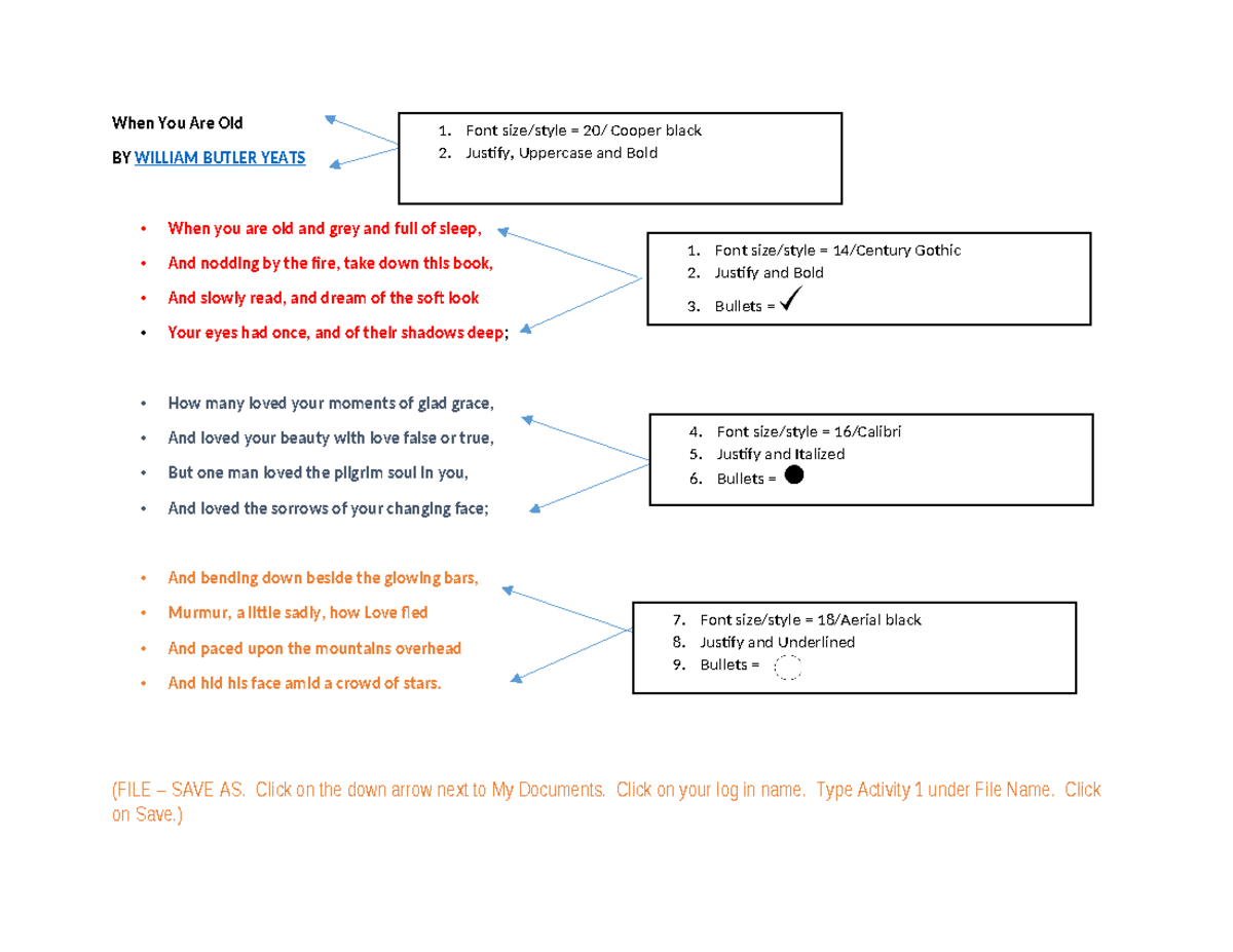 Sample activity 2 - practice - When You Are Old BY WILLIAM BUTLER YEATS ...
