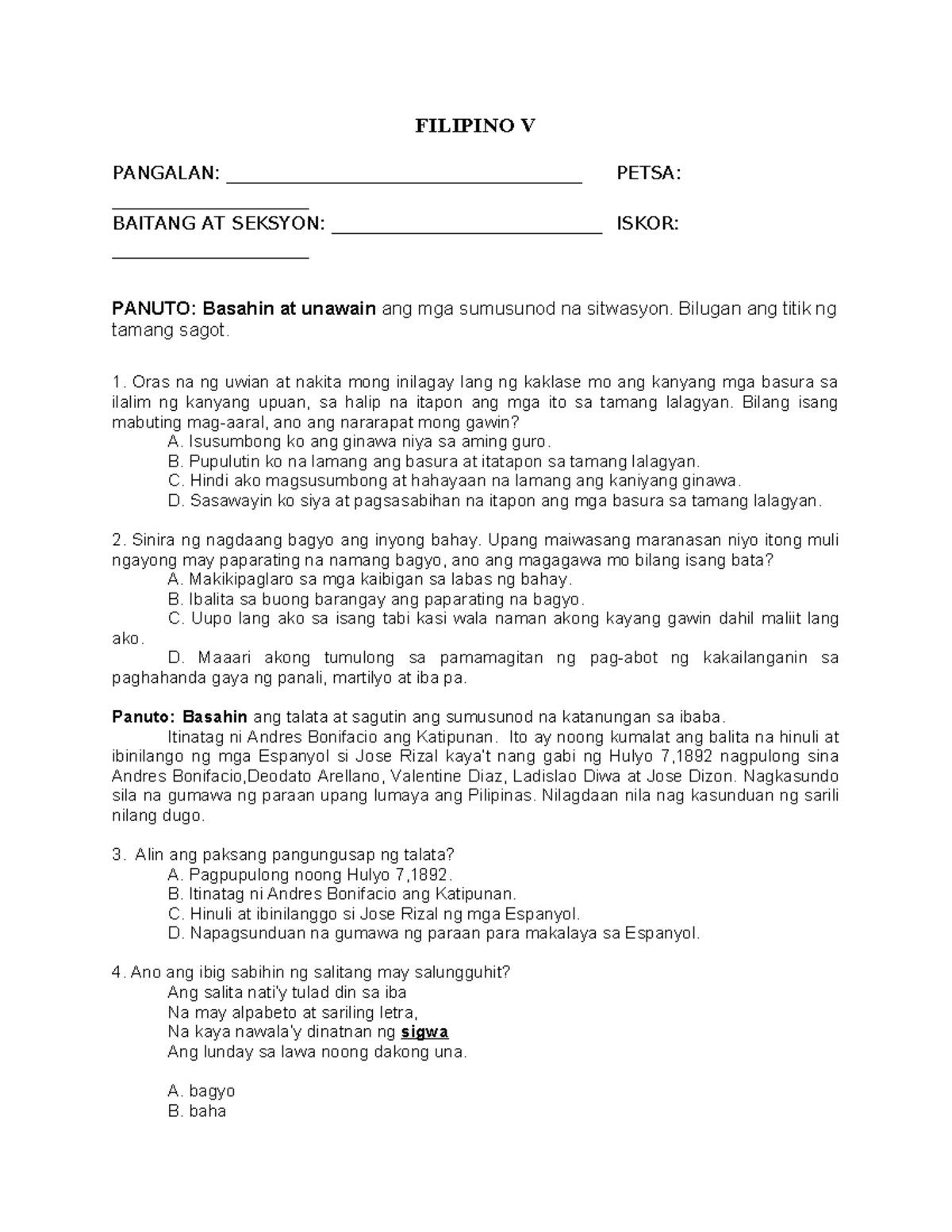 Filipino 5 - DAT TQ: Assessment Questions and Situational Scenarios ...
