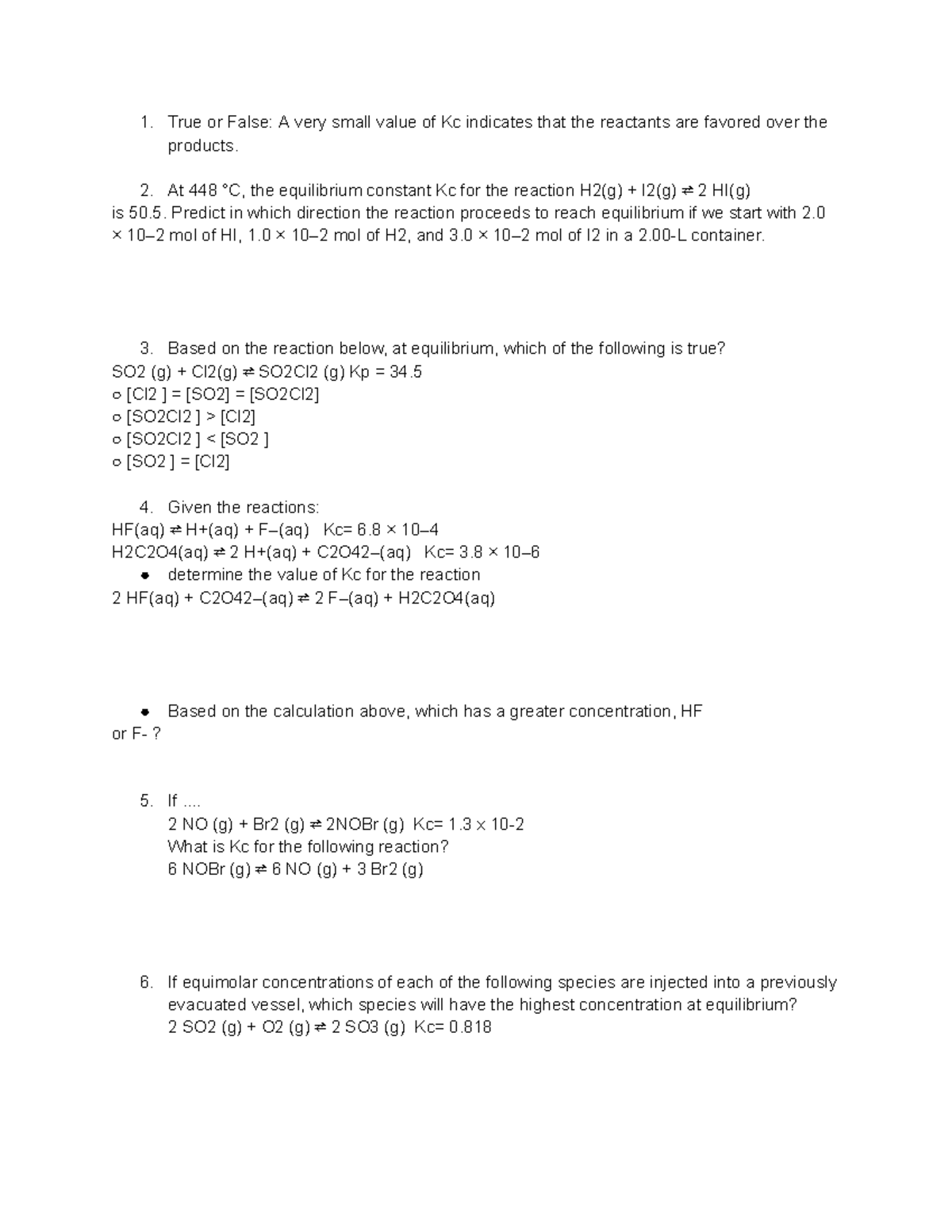 Unit 7 Practice Problems: Equilibrium Constants and Reactions - Studocu
