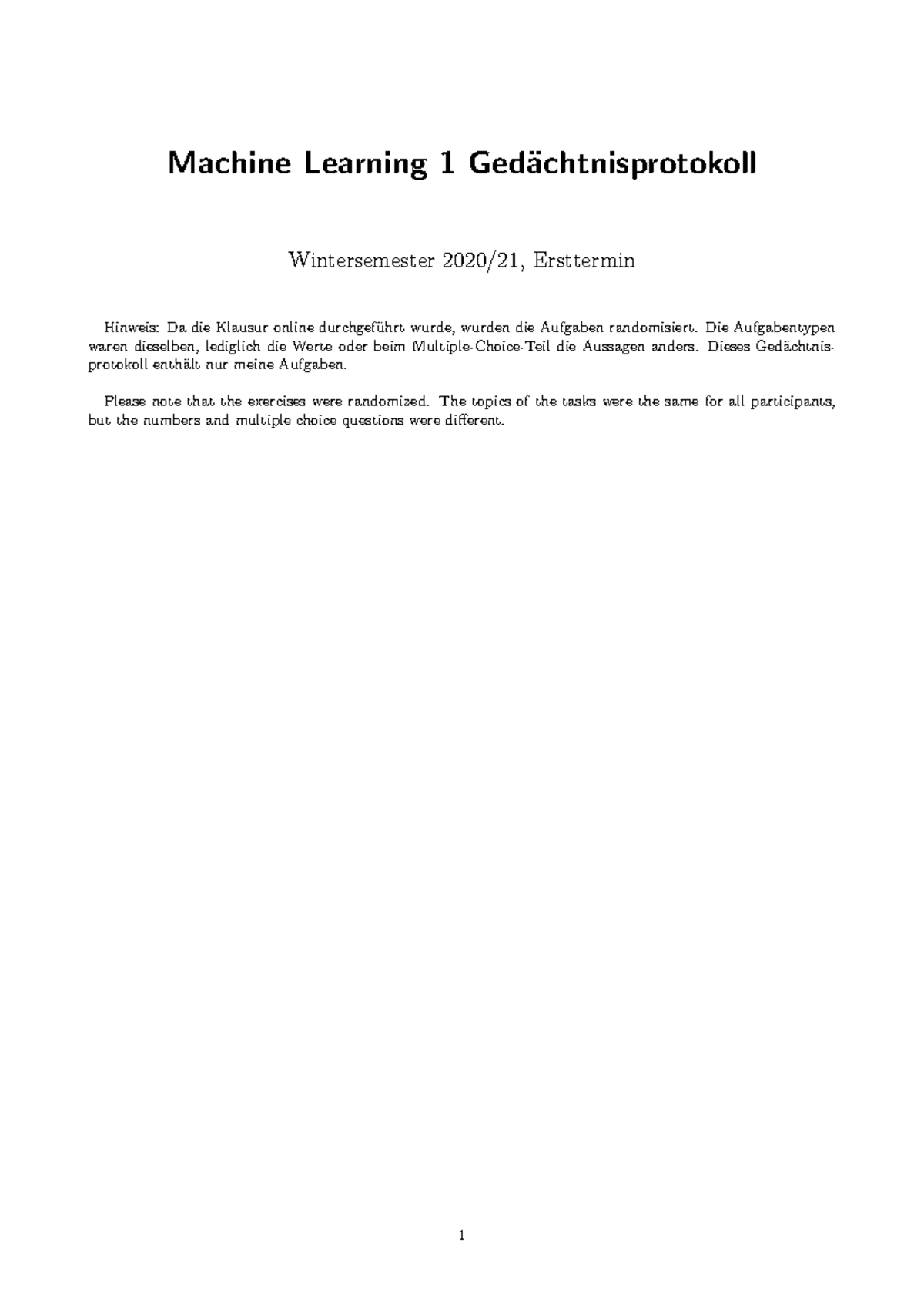 Machine Learning 1 Online Exam Memory Protocol - Winter 2020/21 - Studocu