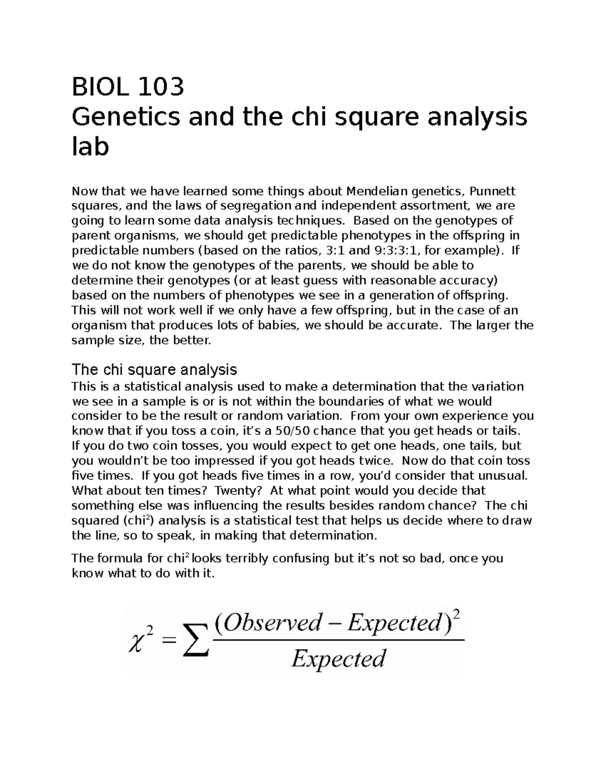BIOL 103 Genetics Lab: Chi-Square Analysis Worksheet & Report - Studocu