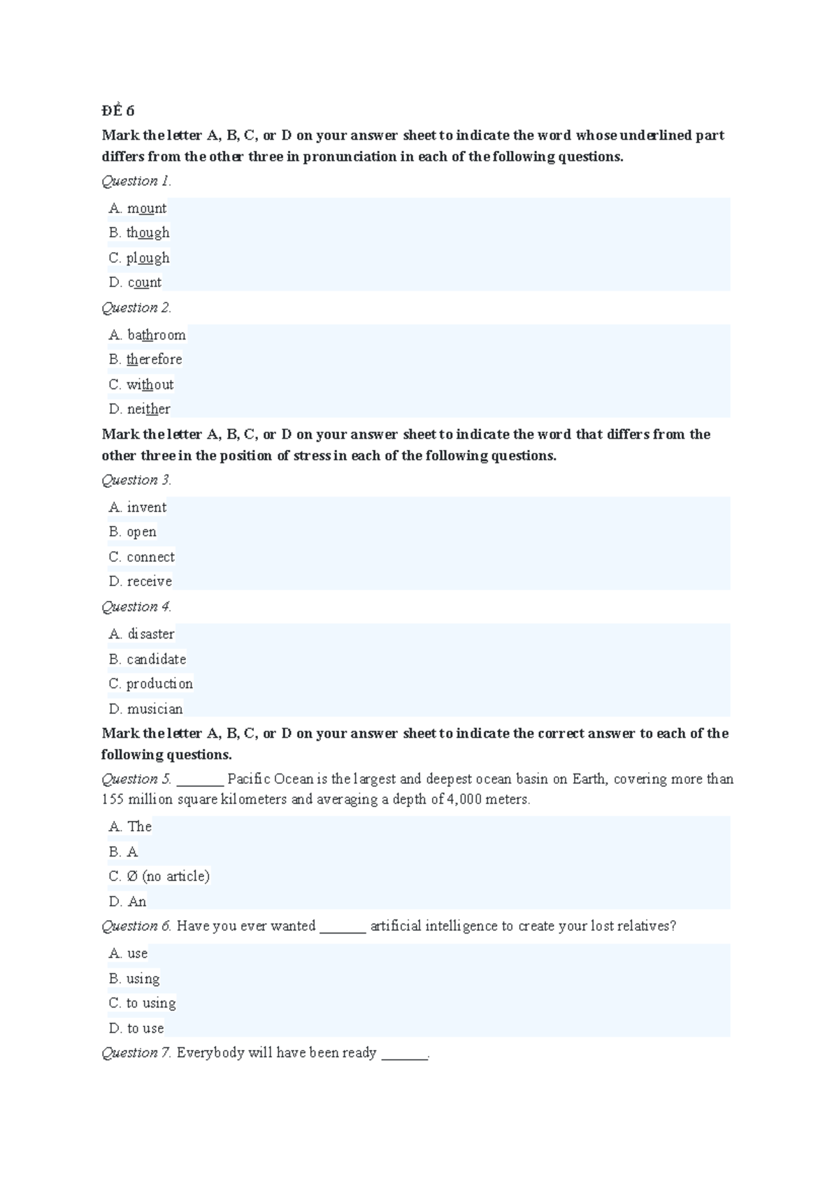 ĐỀ 6 - Pronunciation and Stress Practice Questions - Studocu