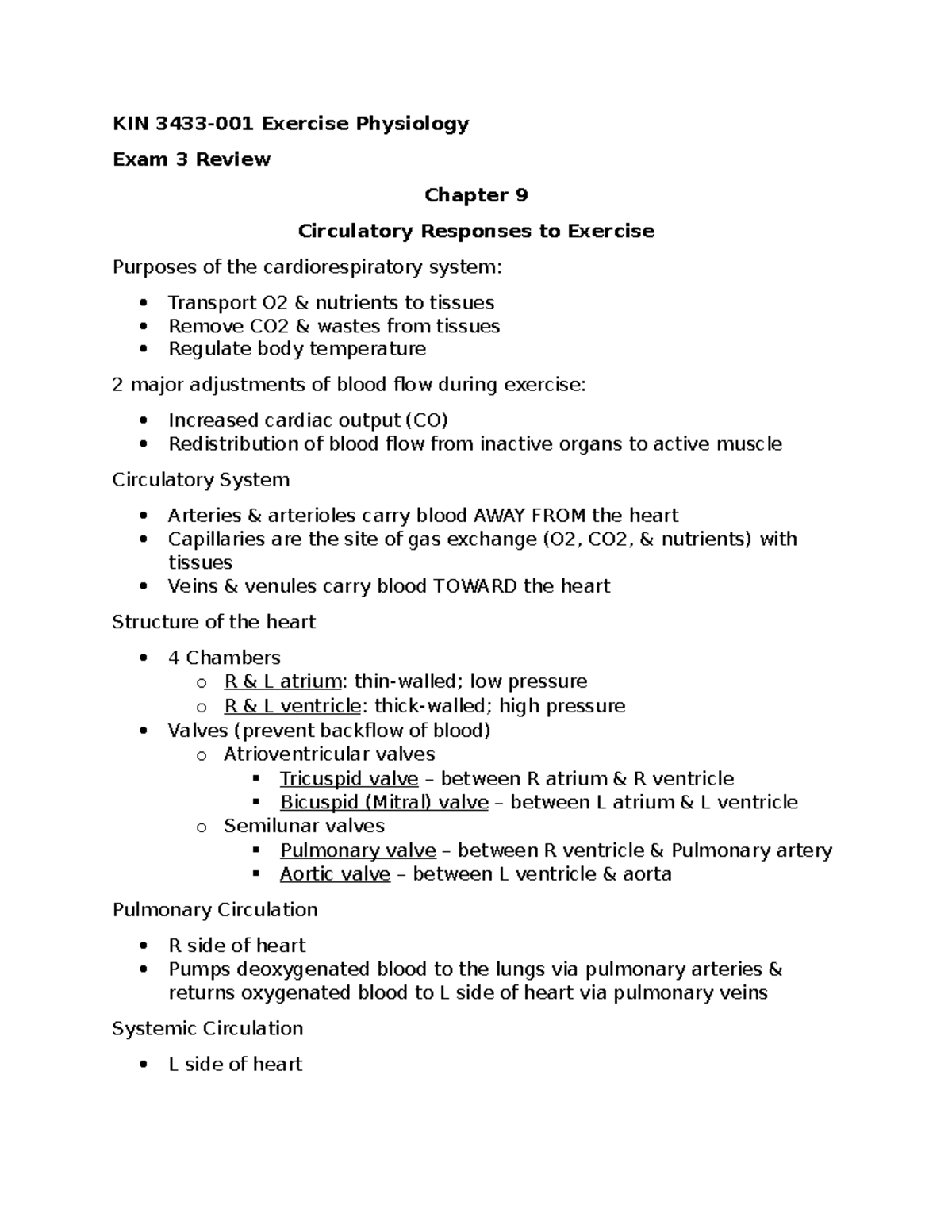 KIN 3433-001 - Exercise Physiology Exam 3 Review: Circulatory and ...