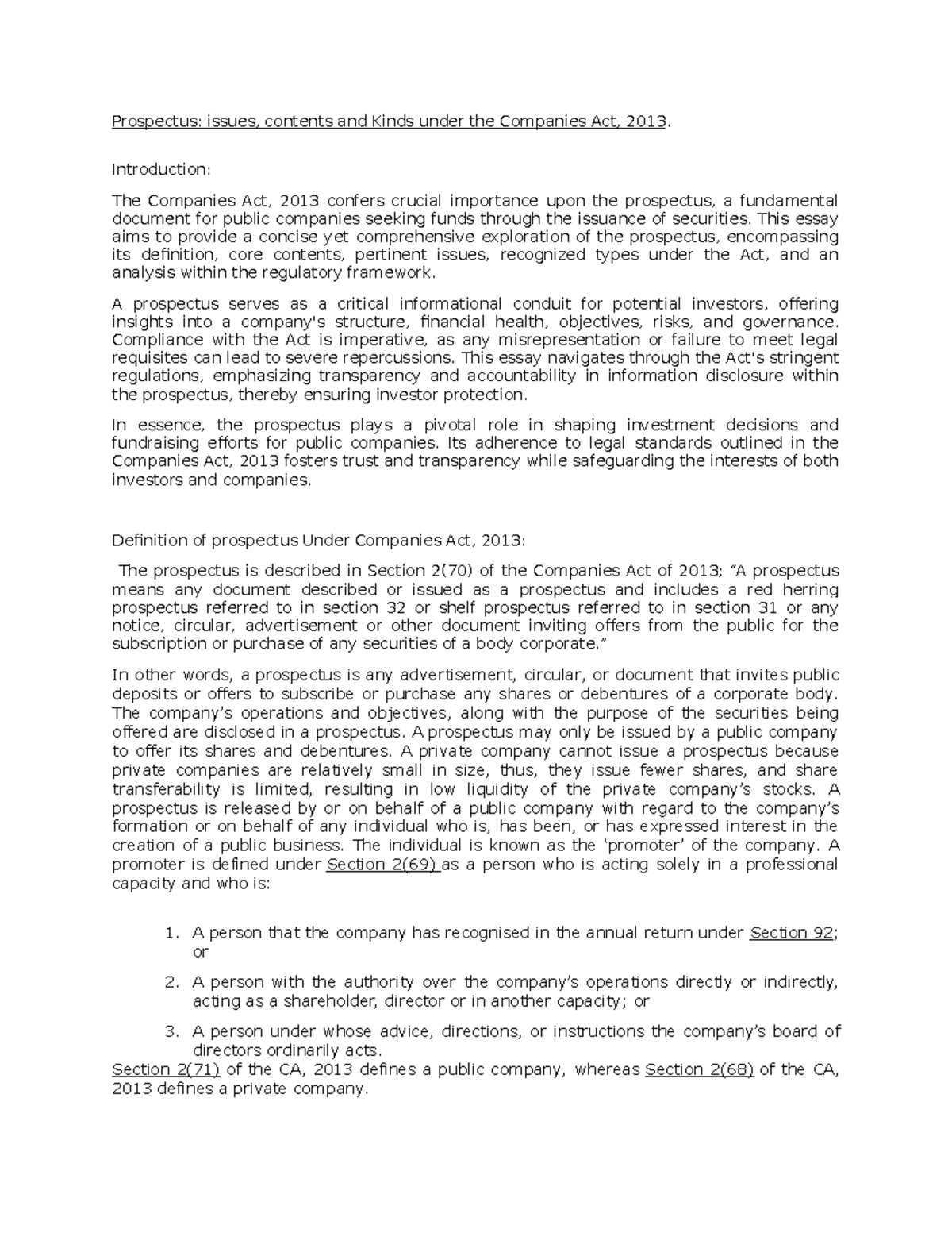 Company Law Assignment: Prospectus Under Companies Act, 2013 - Studocu