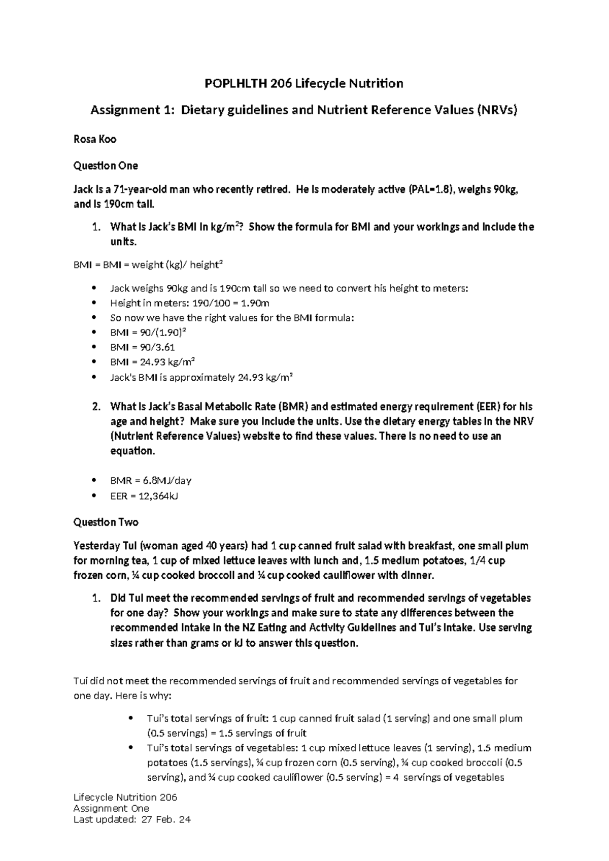 Assignment 1 Dietary Guidelines and NRVs 2024 - POPLHLTH 206 Lifecycle ...