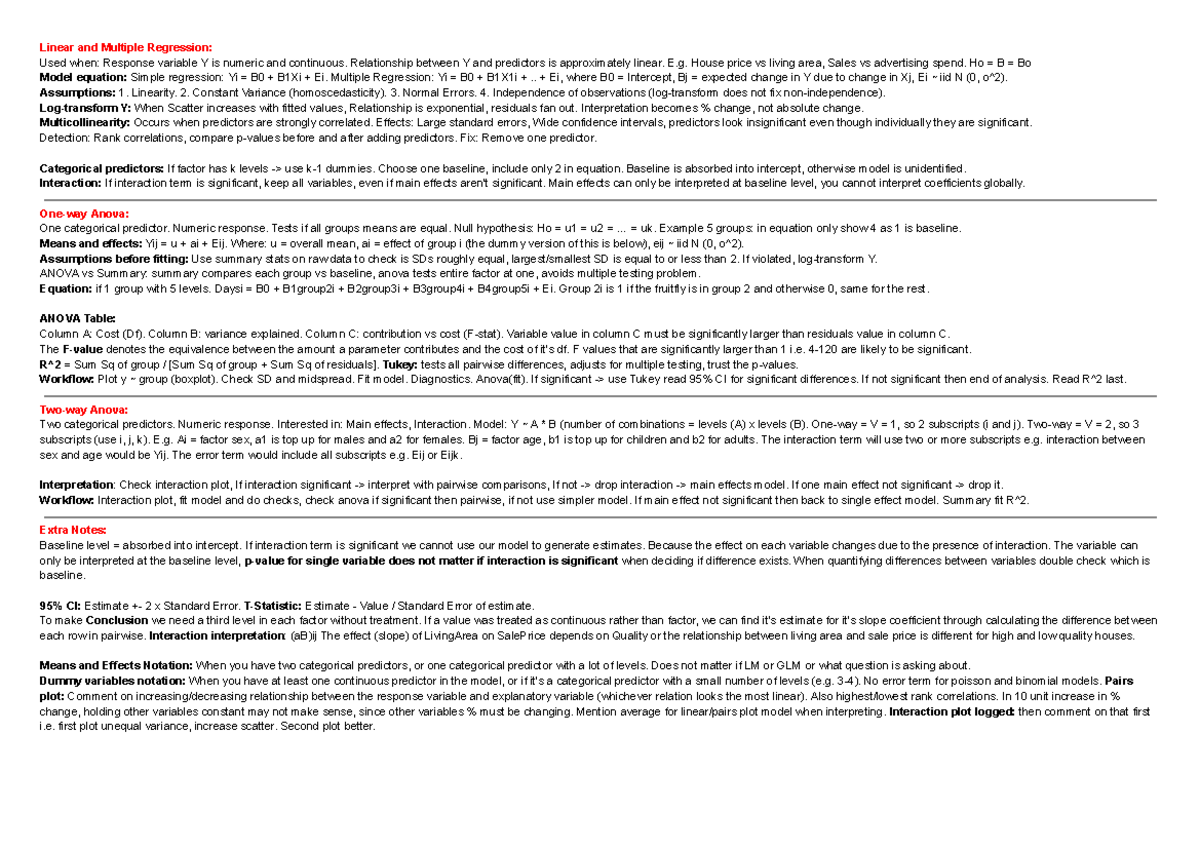 STATS201 Final Exam Cheat Sheet: Linear & Multiple Regression Concepts ...