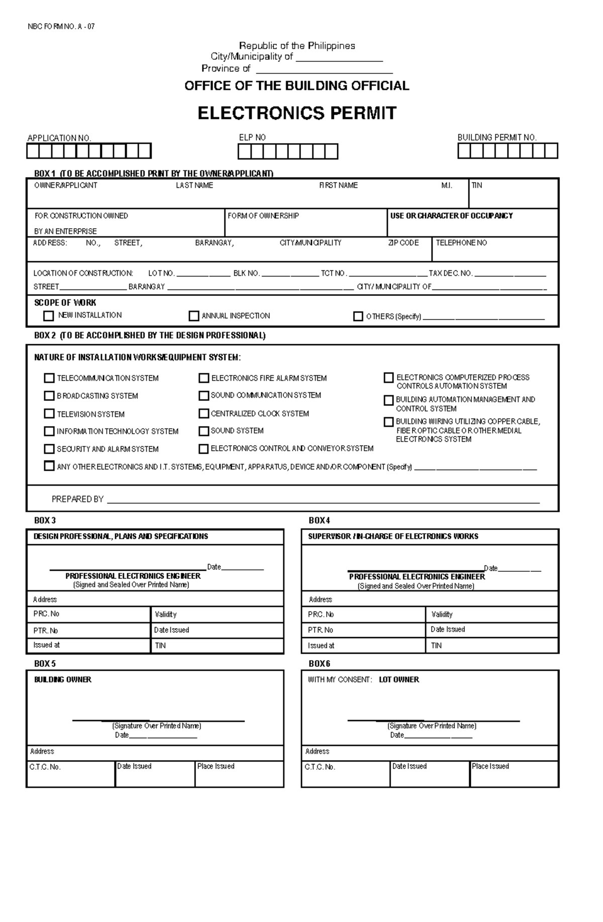 Electronics Permit Application Form - NBC FORM NO. A 07 - Studocu