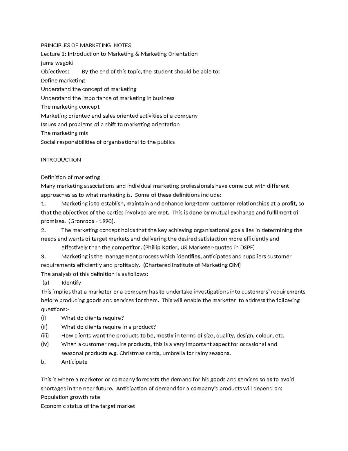 Lecture Notes on Principles of Marketing (MKT 101) - Studocu