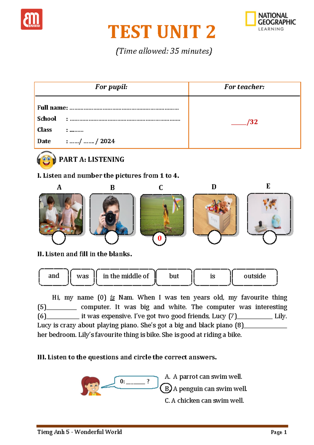 TA 5 - WW - Test Unit 2 Listening & Reading Practice - Grade 5 - Studocu