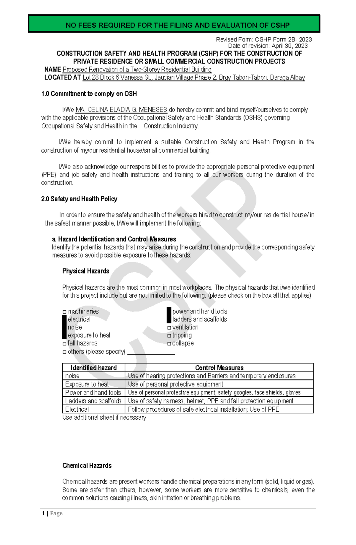 CSHP Form 2023: Construction Safety & Health Program Guidelines - Studocu