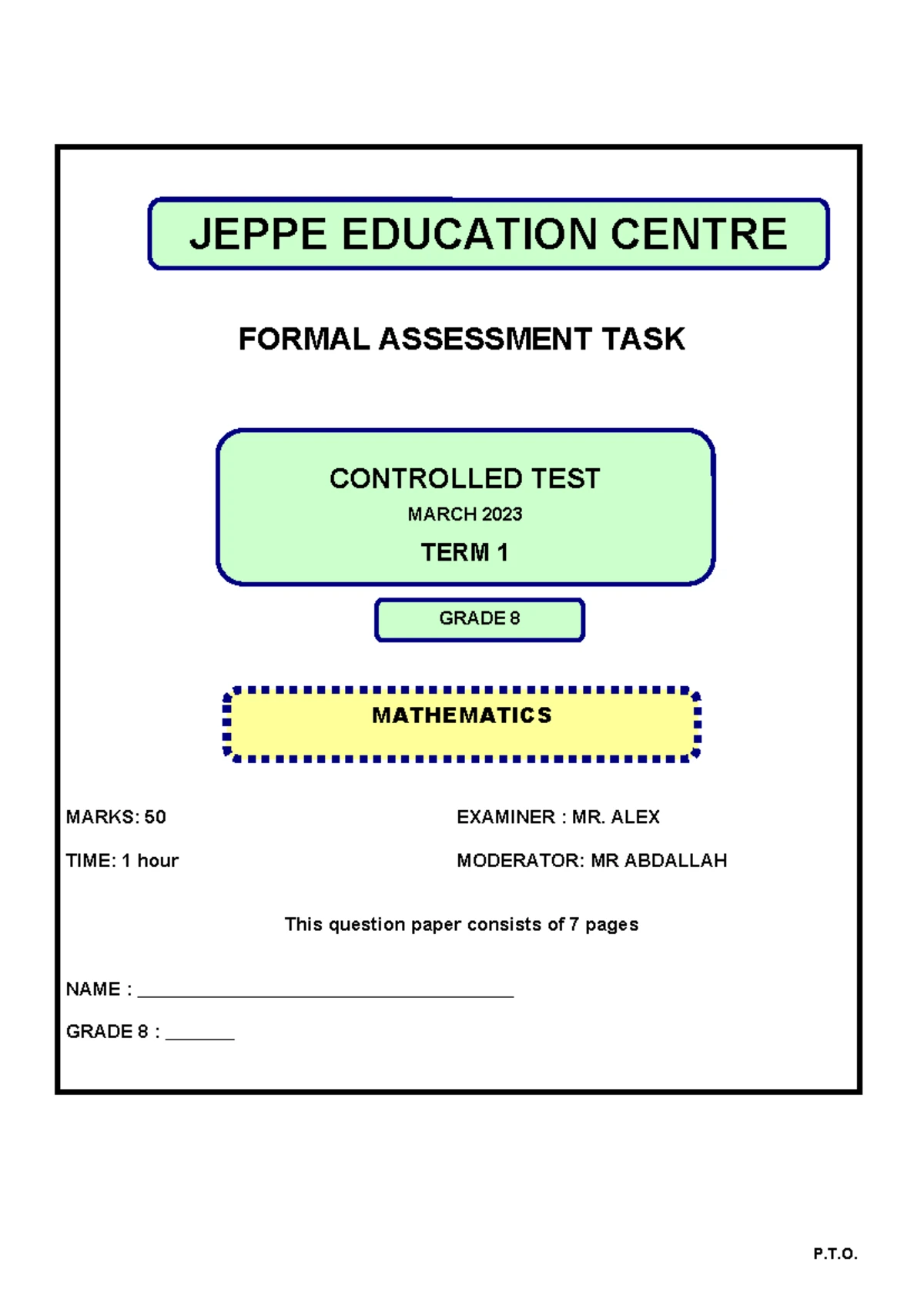 Grade 9 Mathematics Term 1 Controlled Test Study Material - Studocu