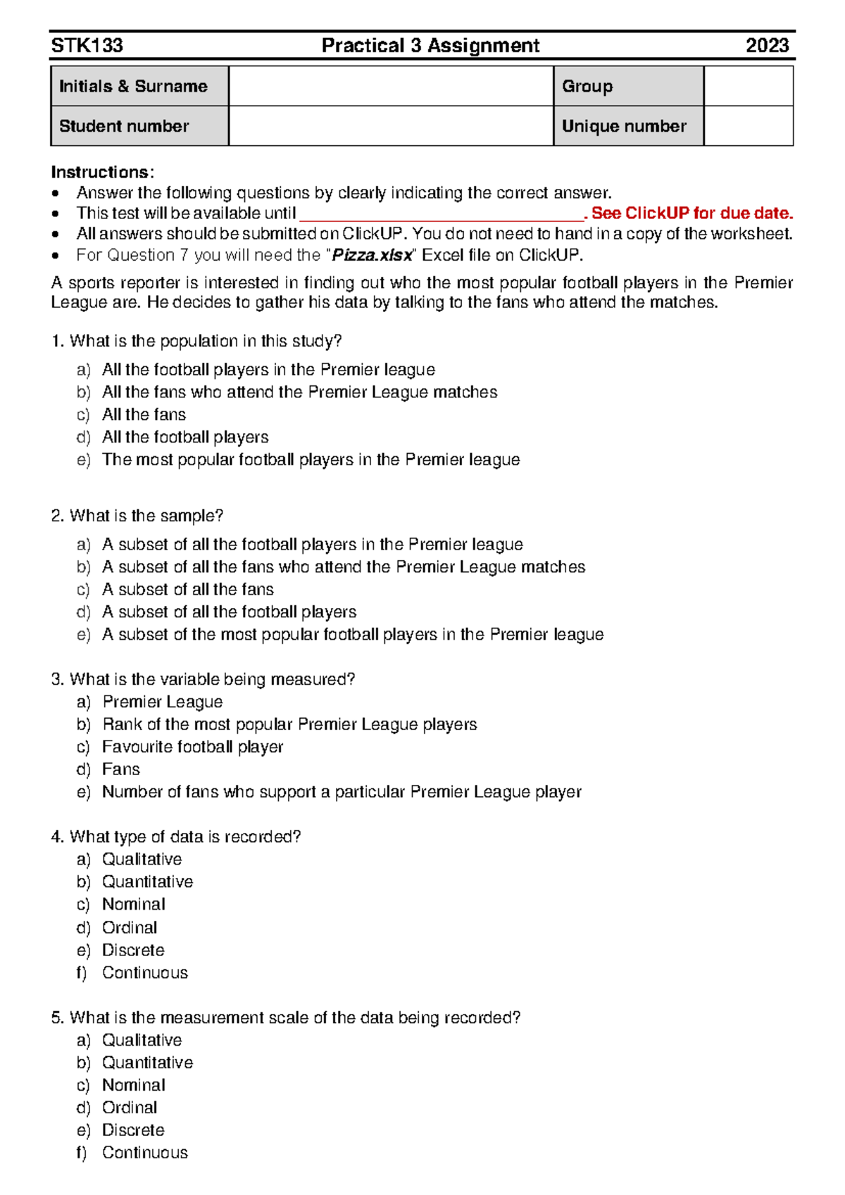 STK133 - Practical 3 Assignment Questions & Answers Guide - 2023 - Studocu