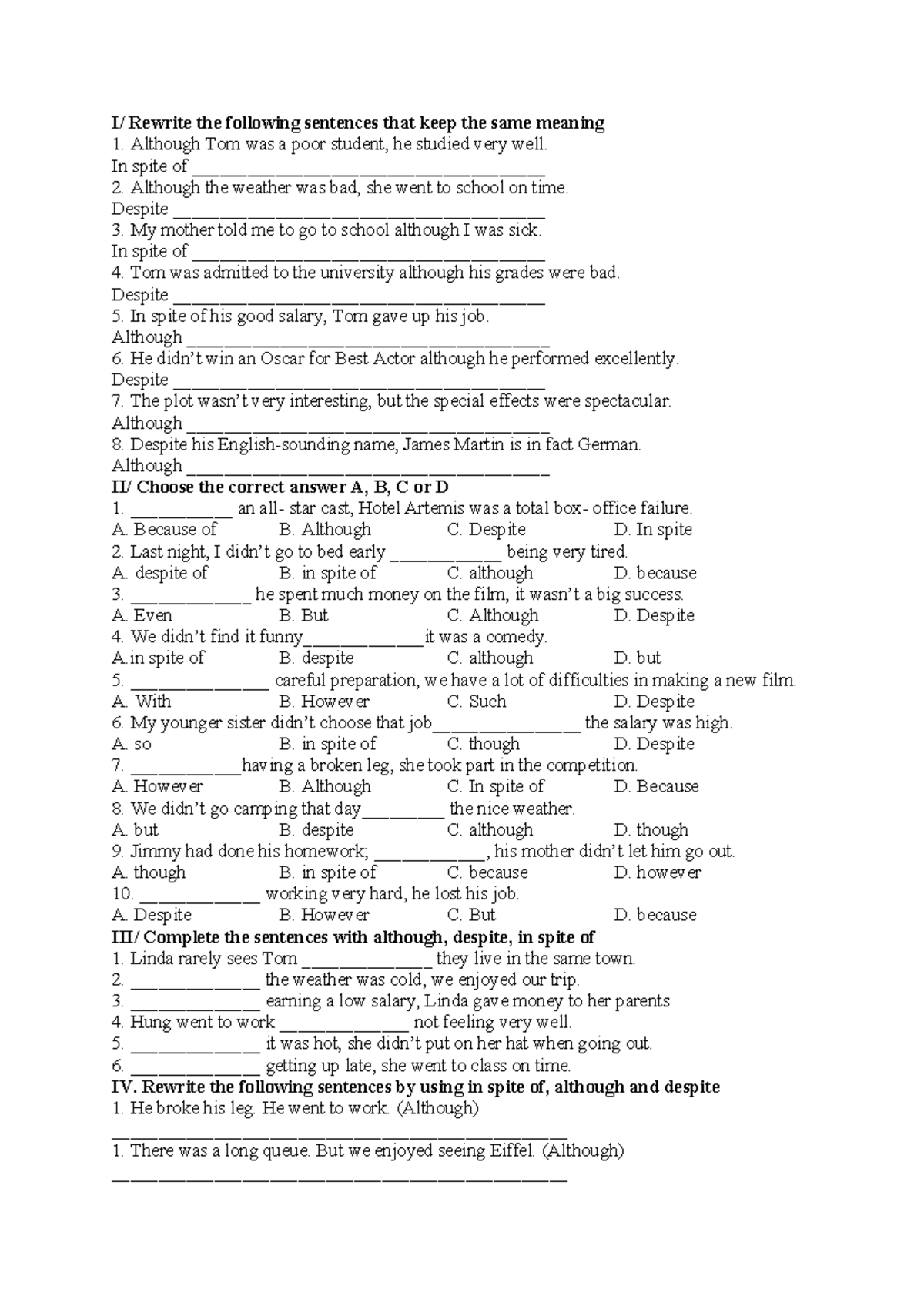BT: Although and Despite Sentence Transformations and Exercises - Studocu