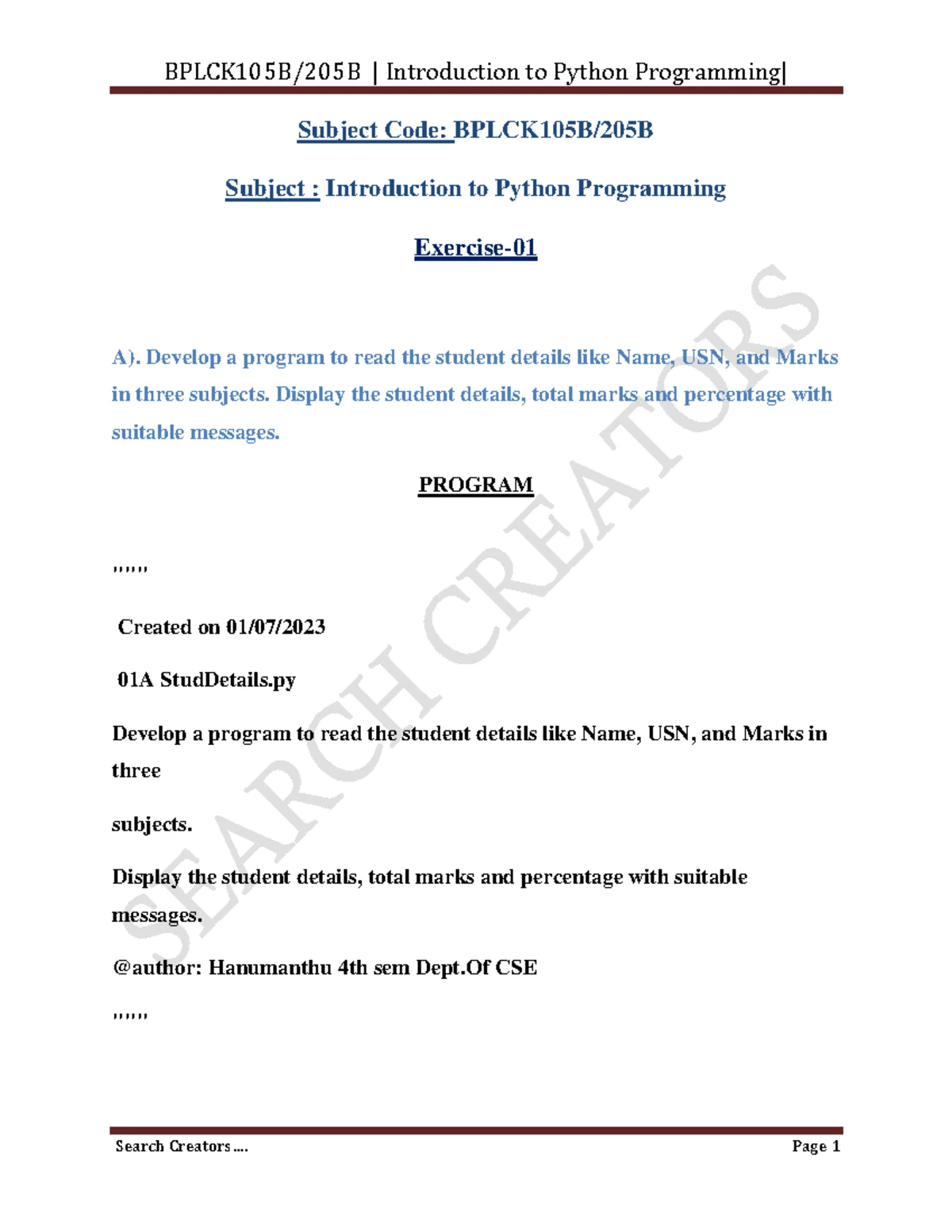 Python Exam Question Bank with Answers (CS101) - Studocu