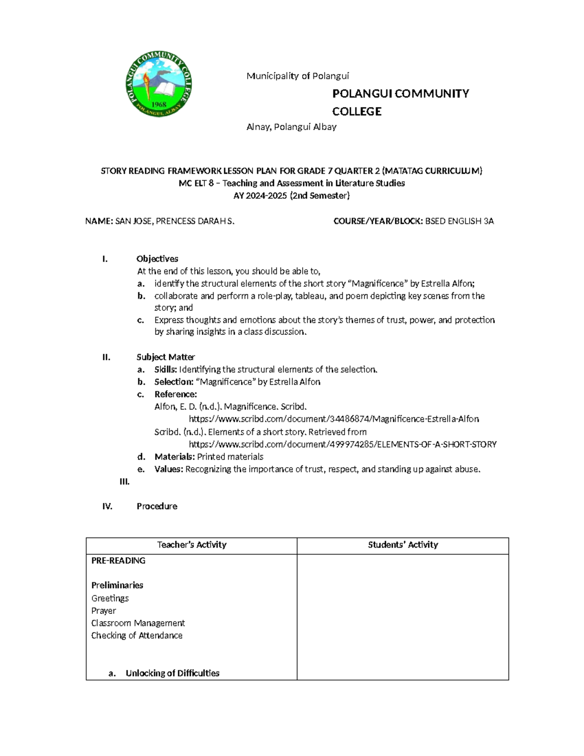 SRF for Grade 7 - srf dlp for elements of short story - Municipality of ...