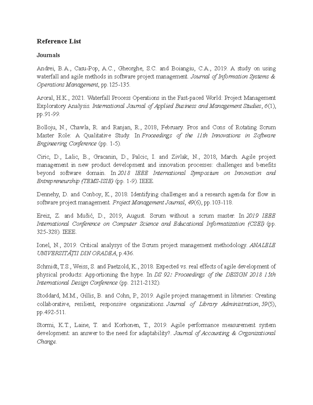 Reference List for Agile and Waterfall Project Management Studies - Studocu