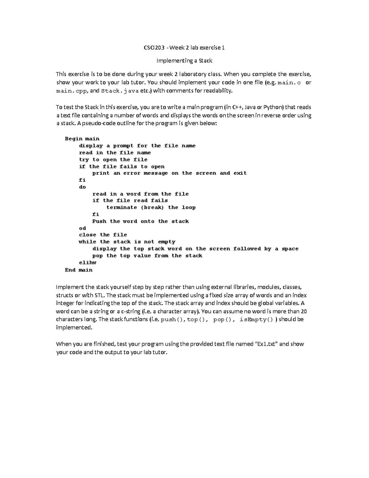 CSCI203 - Week 2 Lab 1: Implementing a Stack in C++/Java/Python - Studocu