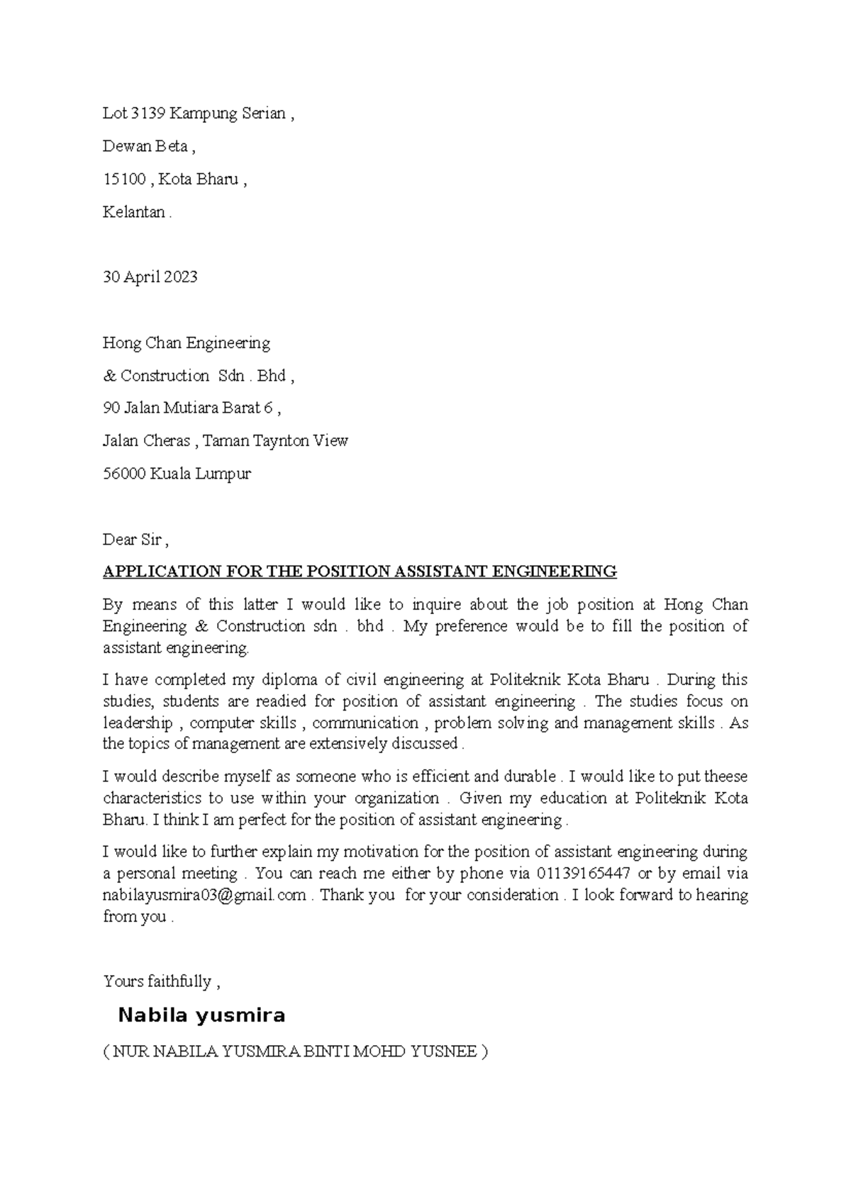 Application Letter for Assistant Engineering Position - Summary CE ...