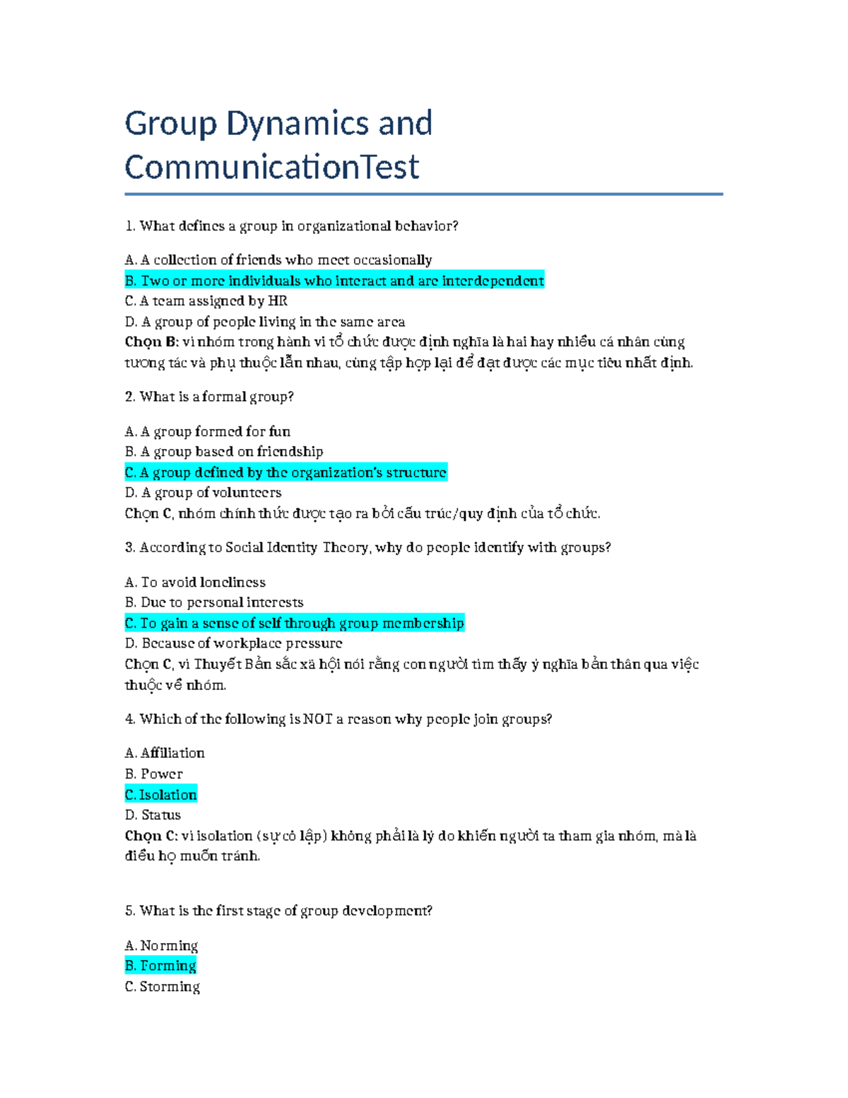 Group Dynamics and Communication Test 1: Key Concepts and Answers - Studocu