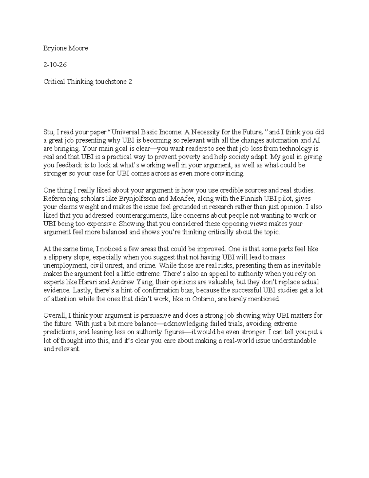 Critical Thinking Touchstone 2: Feedback on UBI Argument - Studocu