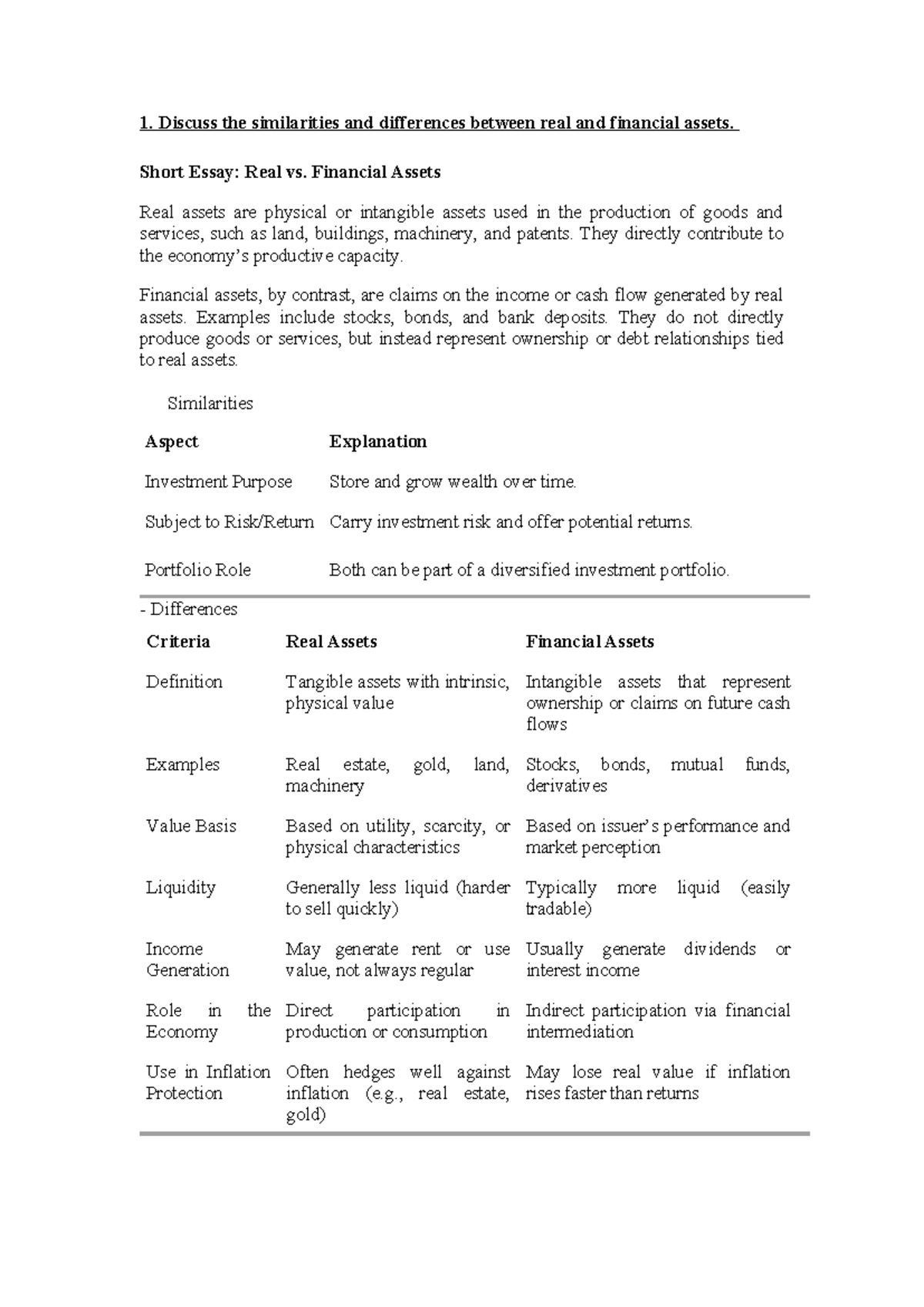 1. Short Essay: Real vs. Financial Assets in Finance (FIN 101) - Studocu